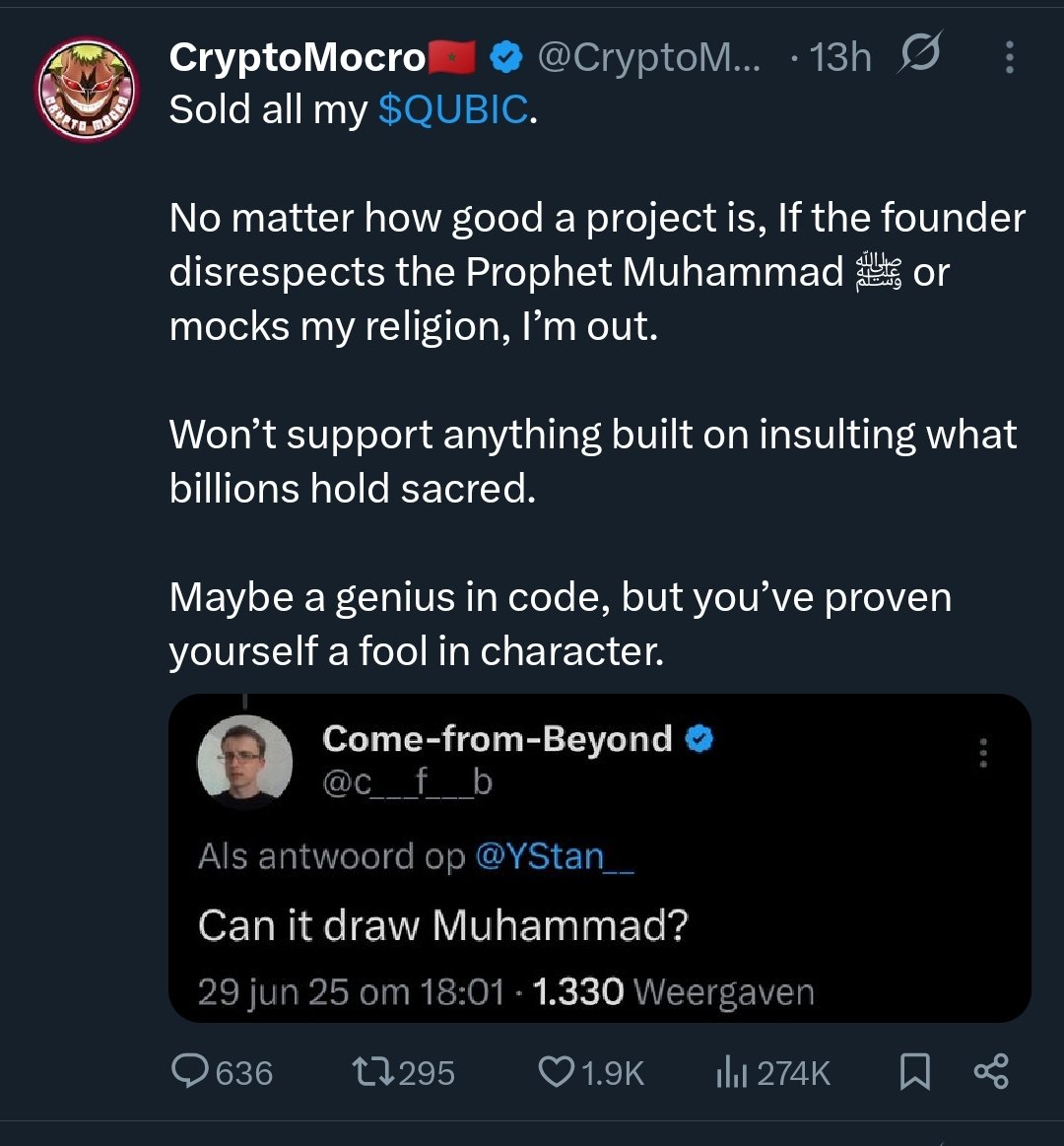 Rok Straus ױ (@rok_straus) on Twitter photo Remember, guys, influencers are not your friends. Their only religion is profit, no matter what they tell you.
Yesterday, <a href="/CryptoMocro_/">CryptoMocro🇲🇦</a> announced he sold all his $QUBIC to his followers, citing an "insult" to his religious beliefs. First of all, asking a question is not an Remember, guys, influencers are not your friends. Their only religion is profit, no matter what they tell you.
Yesterday, <a href="/CryptoMocro_/">CryptoMocro🇲🇦</a> announced he sold all his $QUBIC to his followers, citing an "insult" to his religious beliefs. First of all, asking a question is not an