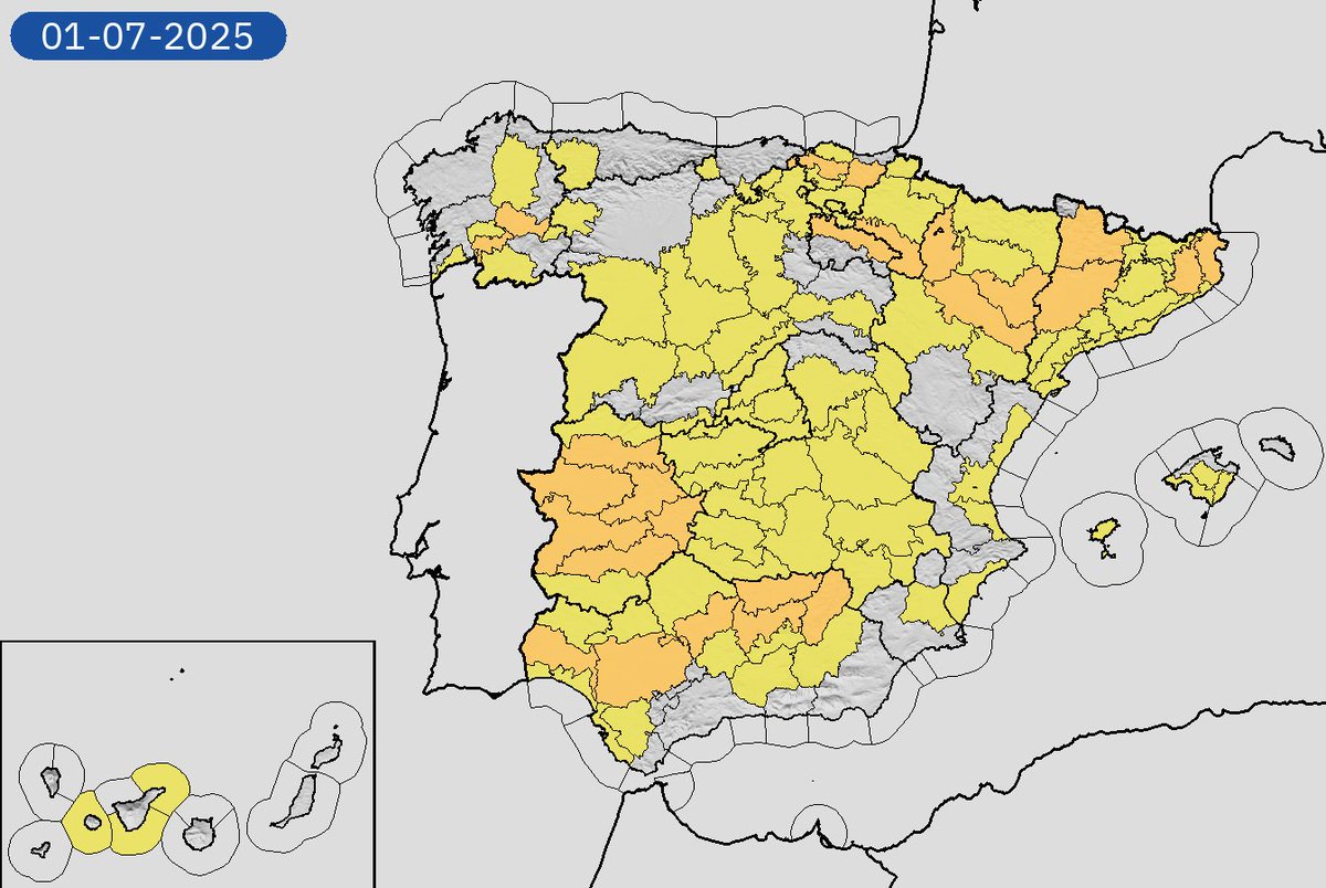 30/06 09:07 Avisos activos hoy y mañana en España por temperaturas máximas, tormentas, vientos y costeros. Nivel máximo de aviso: naranja.
Actualizaciones en aemet.es/es/eltiempo/pr…