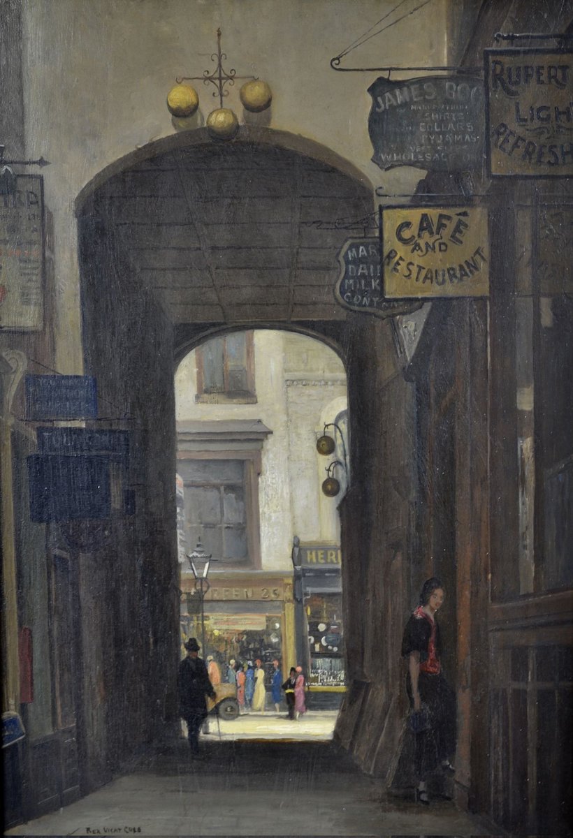 Good morning! This week's theme is London Shops.
------
'Rupert Court Between Wardour Street And Rupert Street, Soho' (c.1930) by Rex Vicat Cole

(Private collection)