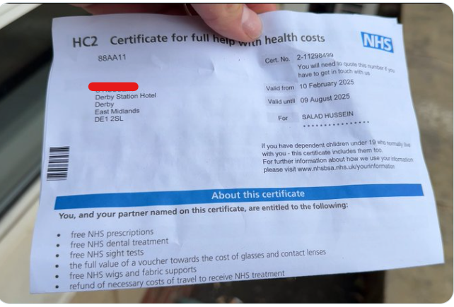 This was found on the street in Derby. It is a letter to an illegal migrant on how they can jump the NHS queue. All paid for by us.  

They can even get a free wig &amp; their transport costs are paid too.