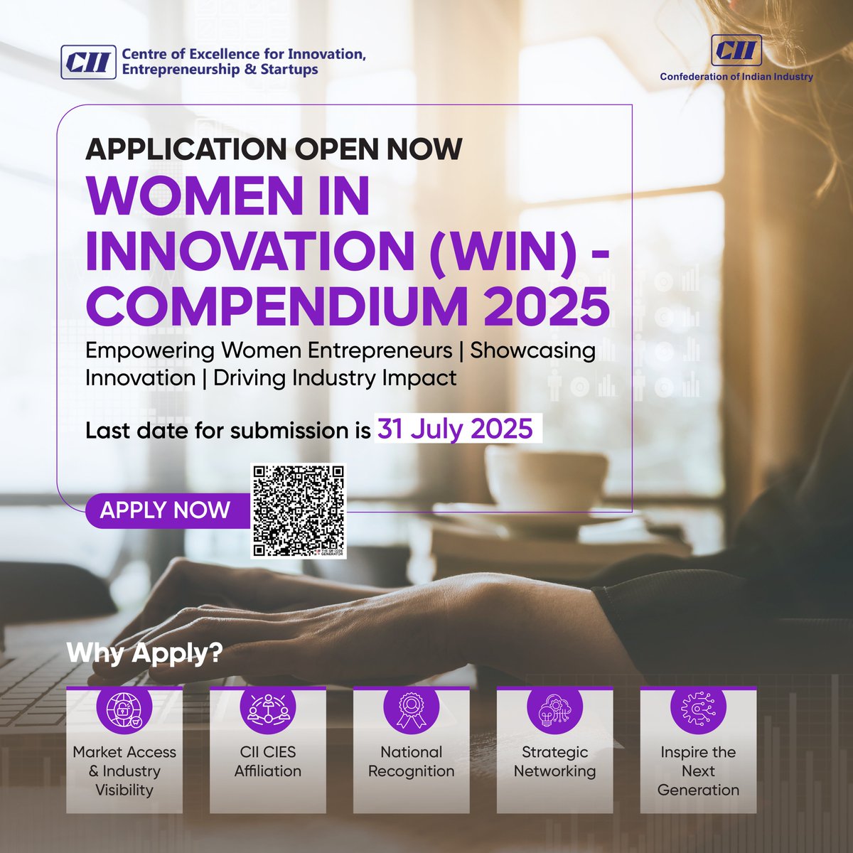 Attention all trailblazing women entrepreneurs!

Application for Women in Innovation (WIN) - Compendium 2025 is now open! 

Last date to submit your application is July 31, 2025.

Apply Now! Link - startupaffiliation.ciicies.in/programs/apply…