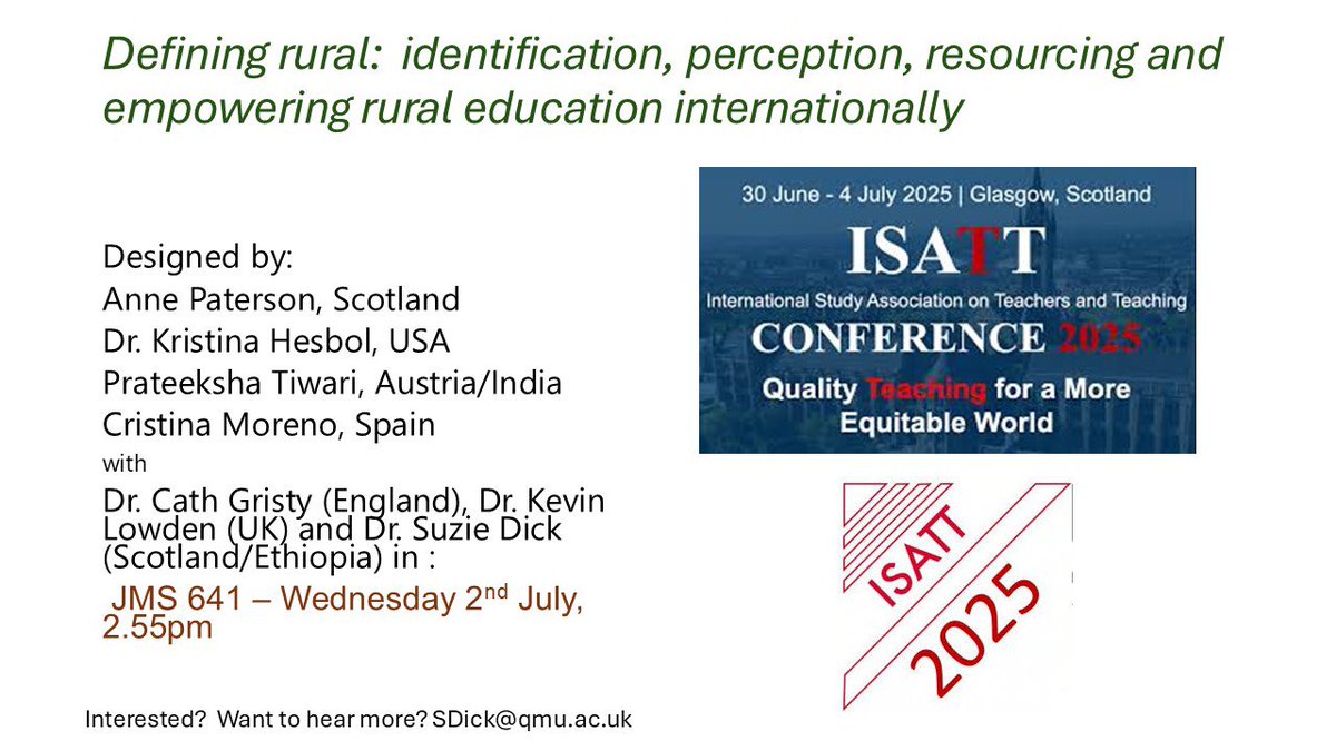 Dr. Suzie Dick (@suziemdick) on Twitter photo Did we mention that <a href="/Garvachy11/">Anne Paterson OBE</a> , Kevin Lowden <a href="/robertowenctr/">Robert Owen Centre</a> , Cath Gristy plus others will be continuing hosting our series of discussions on rural education internationally? Come join the collaboration <a href="/ISATT2025/">ISATT 2025 in Glasgow</a> this Wednesday afternoon. Did we mention that <a href="/Garvachy11/">Anne Paterson OBE</a> , Kevin Lowden <a href="/robertowenctr/">Robert Owen Centre</a> , Cath Gristy plus others will be continuing hosting our series of discussions on rural education internationally? Come join the collaboration <a href="/ISATT2025/">ISATT 2025 in Glasgow</a> this Wednesday afternoon.