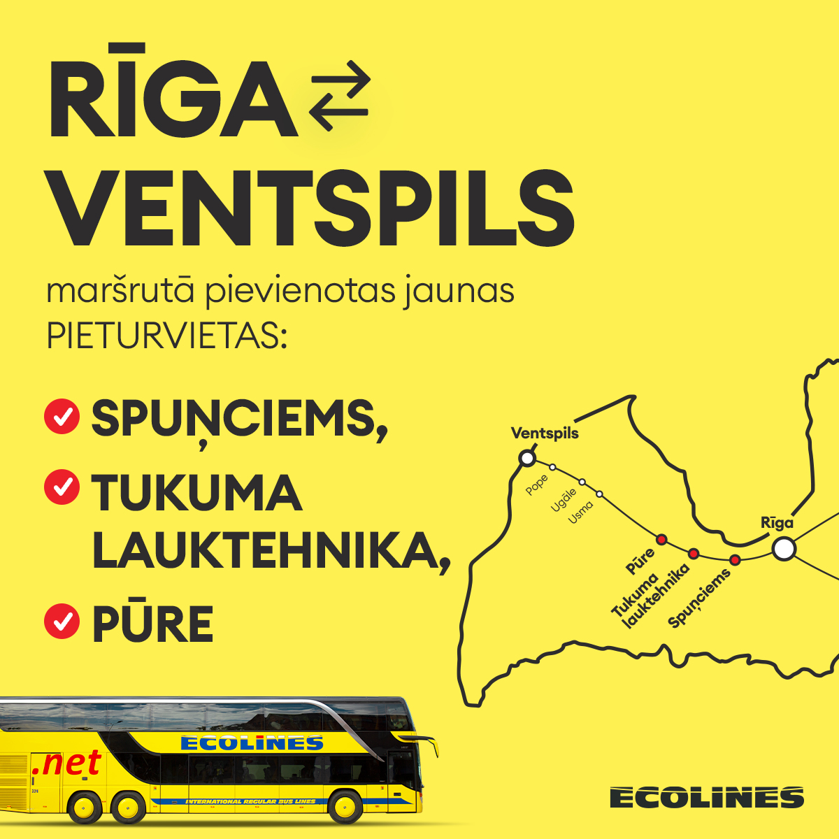 Jaunas pieturas! 🌞🚌

Sekojošos reisos tiek pievienotas pieturvietas Spuņciems, Tukuma lauktehnika, Pūre

Rīga-Ventspils 9:00
Rīga-Ventspils 19:10
Ventspils-Rīga 13:00
Ventspils-Rīga 19:30.

Izmaiņas stāsies spēkā no 30. jūnija.