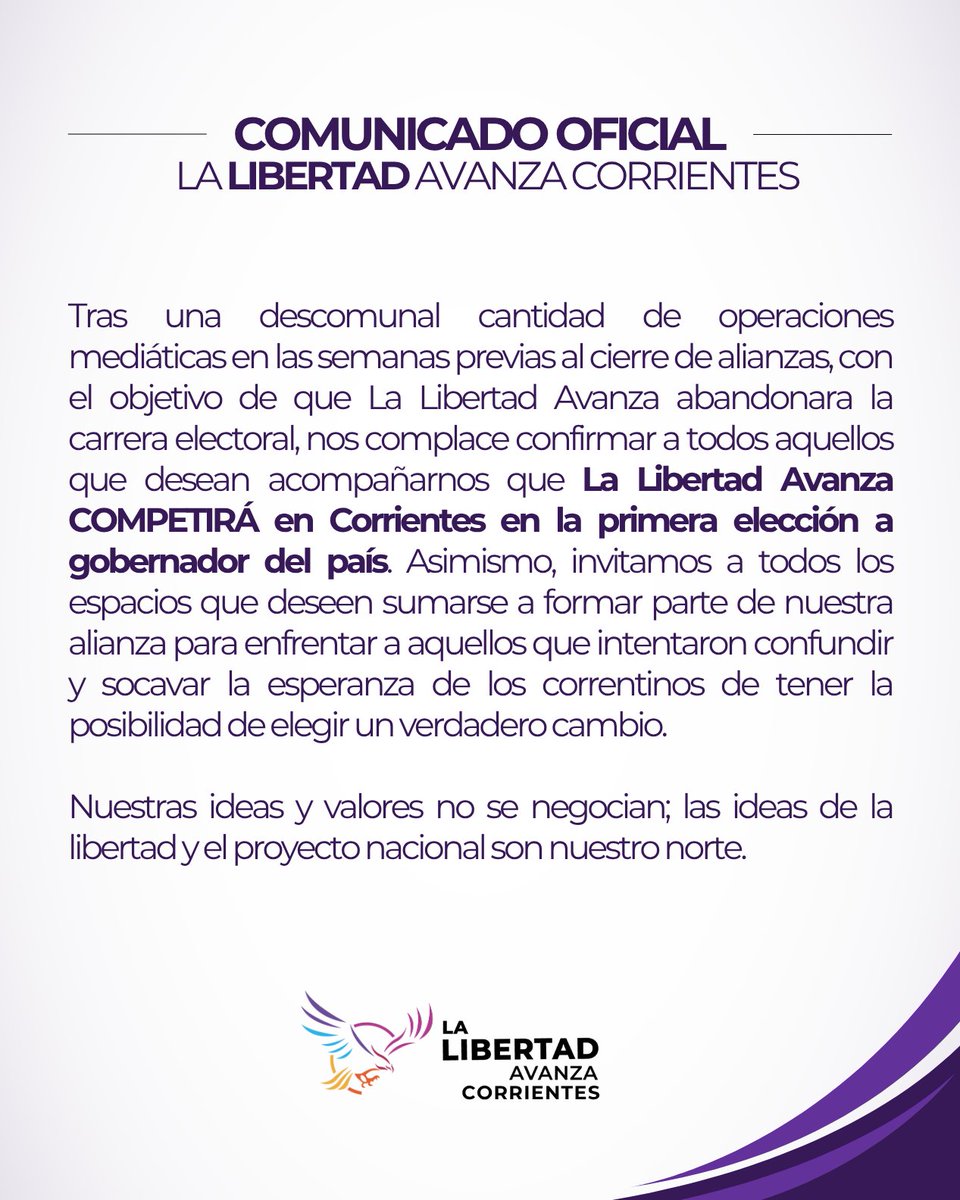 LLACorrientes's tweet image. ¡La Libertad Avanza compite en Corrientes!
Hemos resistido operaciones hasta el último día de cierre de alianzas y oficializamos nuestro deseo de competir por una provincia que siga el mismo sendero que Argentina empezó a recorrer el 10 de diciembre de 2023.
La Libertad Avanza…
