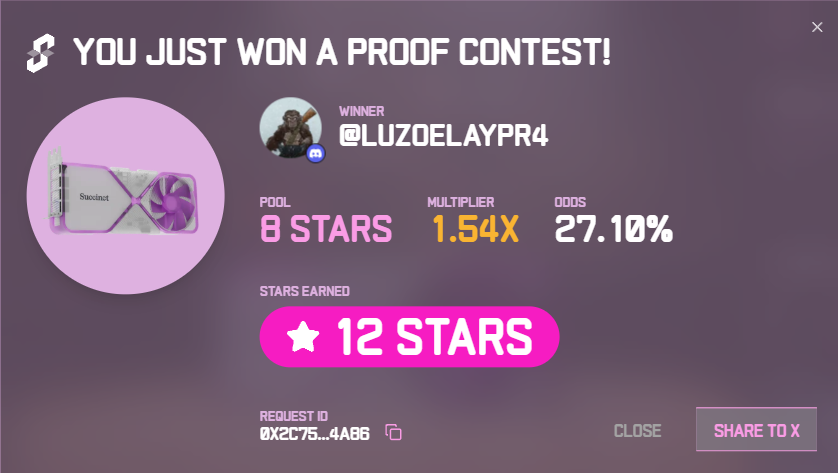 I just won 12 stars in the Succinct Stage 2 Proof Contest! Prove with us <a href="/SuccinctLabs/">Succinct</a> #ProveWithUs 

Is not much but it's honest work!
