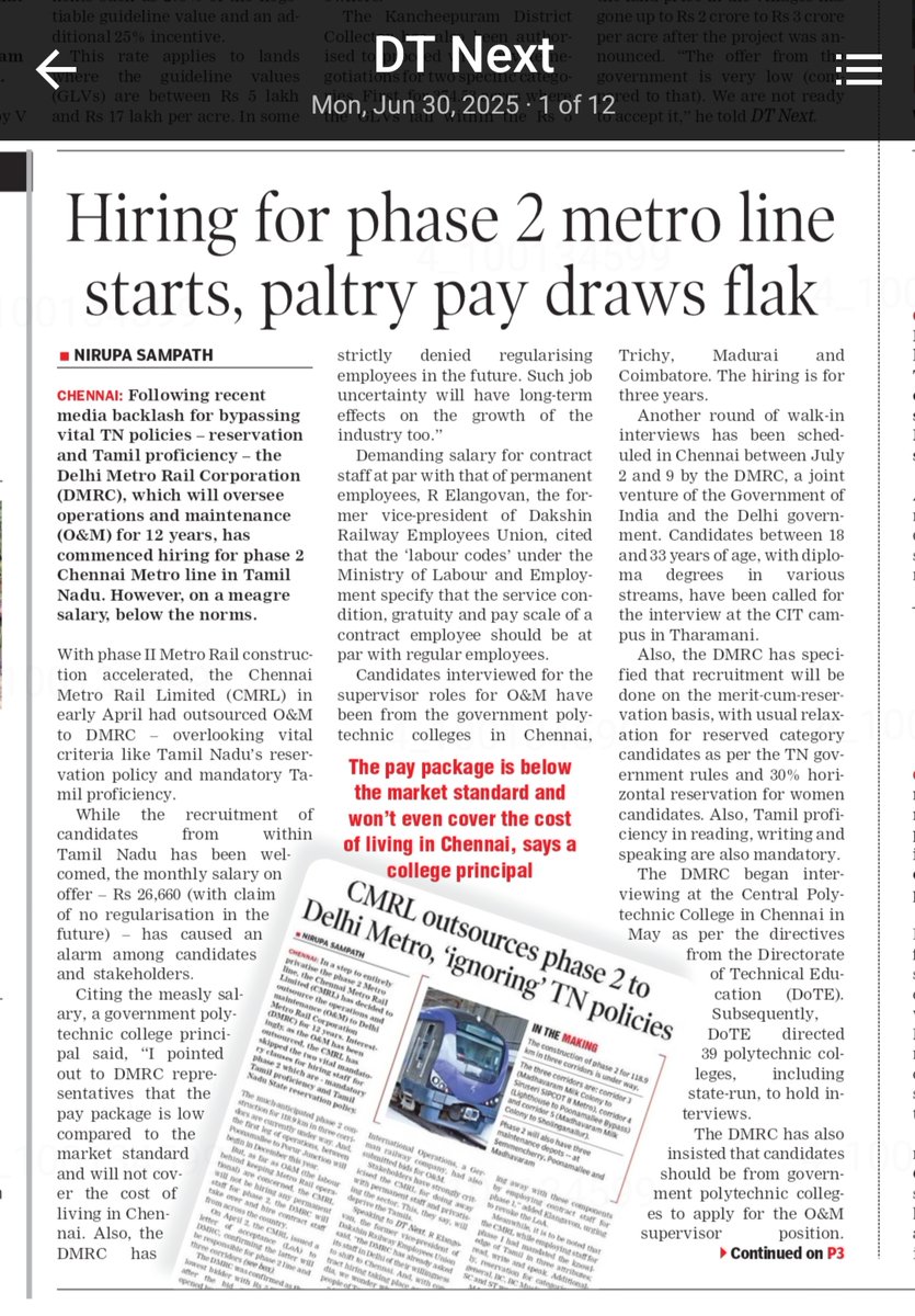 Nirupa Sampath (@nirupasampath) on Twitter photo For #Chennai ph 2 Metro Rail, <a href="/OfficialDMRC/">Delhi Metro Rail Corporation</a> is hiring from #TNgovtpolytechniccolleges for 'supervisor' role for salary Rs 26k/m below the norms sans DA. <a href="/cmrlofficial/">Chennai Metro Rail</a> outsourced O&M to #DelhiMetro for 12 yrs, but contract hiring is done for 3yrs, depriving employees of gratuity. For #Chennai ph 2 Metro Rail, <a href="/OfficialDMRC/">Delhi Metro Rail Corporation</a> is hiring from #TNgovtpolytechniccolleges for 'supervisor' role for salary Rs 26k/m below the norms sans DA. <a href="/cmrlofficial/">Chennai Metro Rail</a> outsourced O&M to #DelhiMetro for 12 yrs, but contract hiring is done for 3yrs, depriving employees of gratuity.