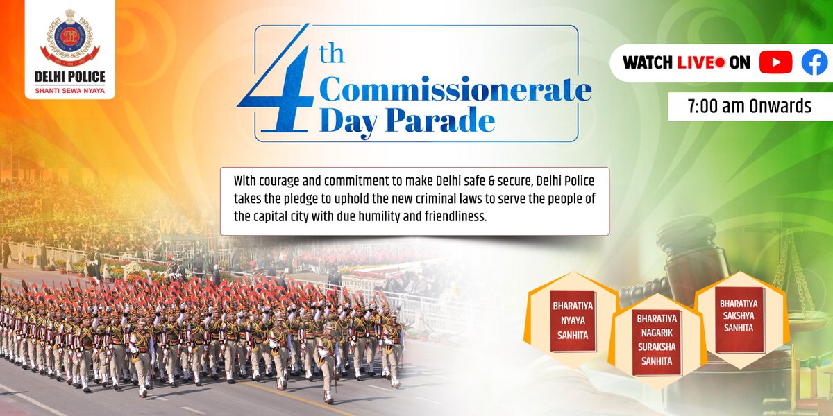 🎖️ Delhi Police celebrating the 4th Commissionerate Day Parade with pride and dedication.
Join us LIVE as we reaffirm our resolve to serve with humility, courage, and commitment under the new criminal laws.
📍 Click on the link to Watch Live on 1st July 2025 from 7:00 AM onwards