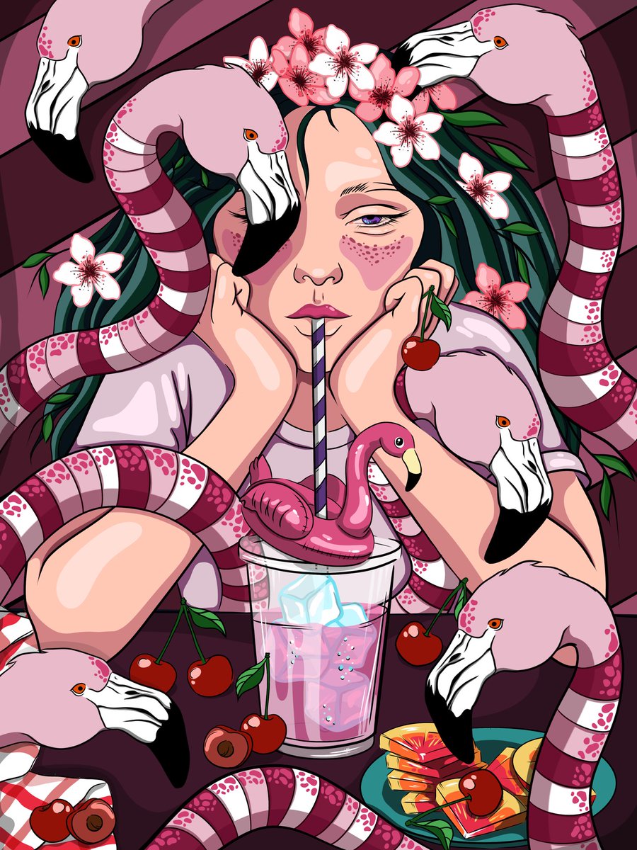 Good morning fam❤️

🍒NEW DROP on <a href="/SkurpySocial/">Skurpy</a> 

Cherry
1/1
100 $XTZ

Things aren’t always what they seem. Pink flowers, cherries, a cool cocktail, and charming flamingos create a carefree scene. But look closer — the girl is wilting from the heat, cherry leaves are tangled in