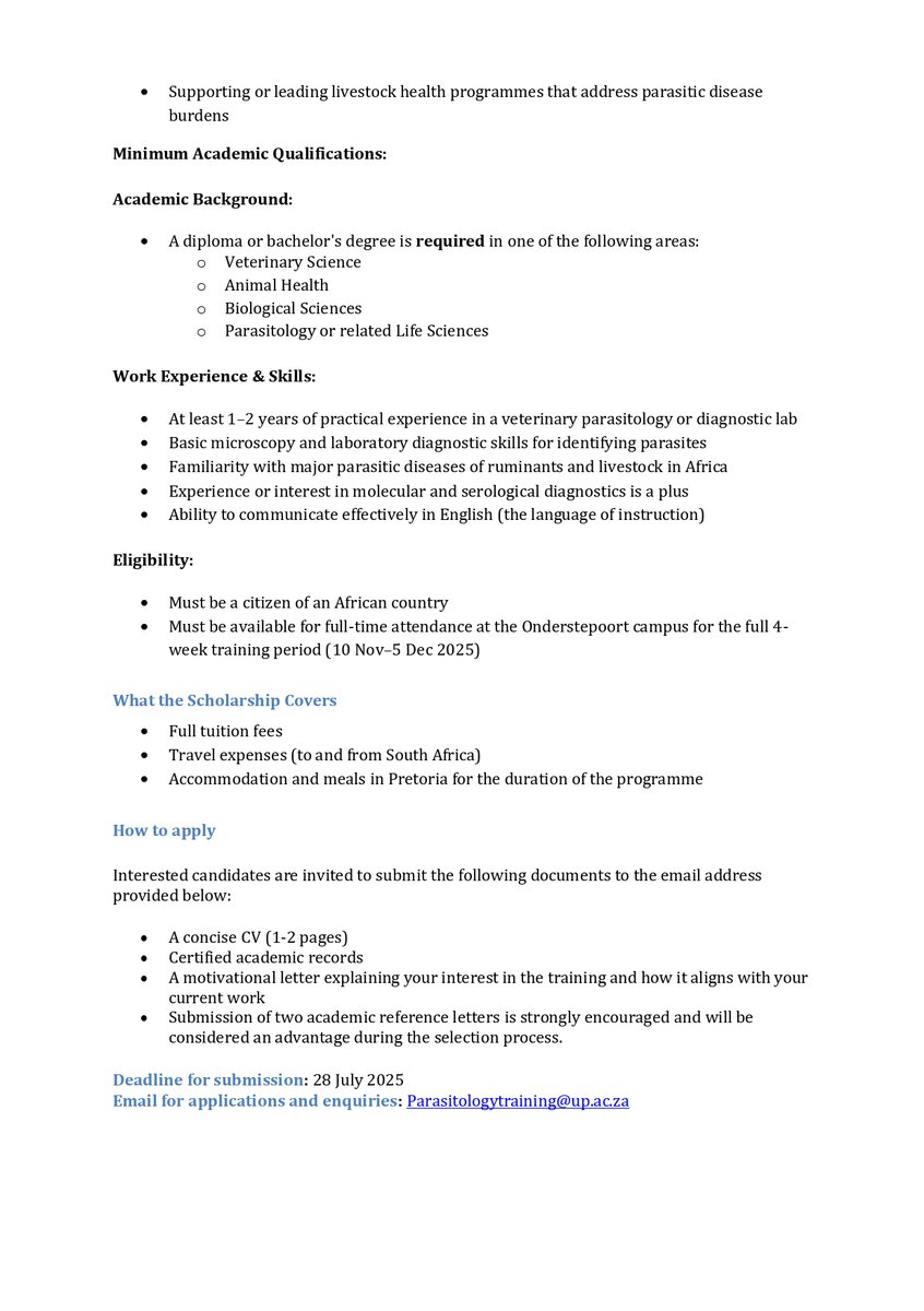 Fully Funded Training Alert!

Apply for the DVTD WAAVP-AN Scholarship 2025  4 weeks of hands-on veterinary parasitology training in South Africa 
10 Nov–5 Dec 2025 
Open to African professionals 
Deadline: 28 July 2025
Parasitologytraining@up.ac.za   
#CapacityBuilding #OneHealth
