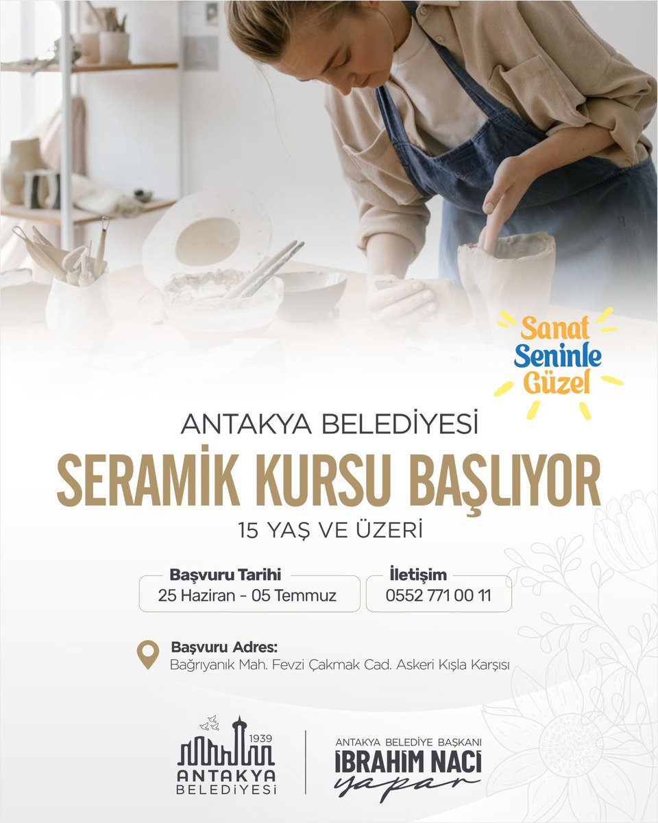 🎨 SERAMİK KURSUMUZ BAŞLIYOR!

Sanatla iç içe olmak isteyen 15 yaş ve üzeri tüm vatandaşlarımızı seramik kursumuza bekliyoruz.

📅 Başvuru Tarihi: 25 Haziran – 05 Temmuz
📞 İletişim: 0552 771 00 11

#SanatSeninleGüzel