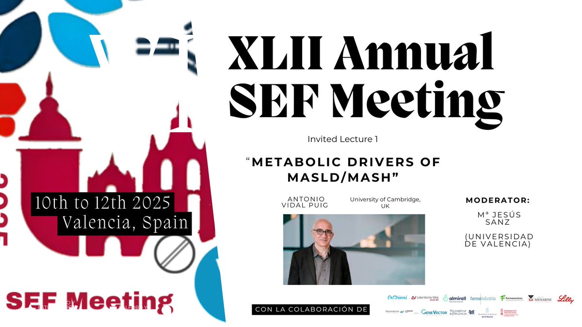 SEFarmacología (@socesfar) on Twitter photo Invited Lecture 1 #CongresoSEF2025 #Valencia
🎤Moderator: Mª Jesús Sanz <a href="/UV_EG/">Universitat València</a>
👨🏫Invited speaker: <a href="/VidalPuig/">Antonio Vidal-Puig</a> <a href="/Cambridge_Uni/">Cambridge University</a>
🗒️“Metabolic drivers of MASLD/MASH”
socesfar.es/xlii-national-… Invited Lecture 1 #CongresoSEF2025 #Valencia
🎤Moderator: Mª Jesús Sanz <a href="/UV_EG/">Universitat València</a>
👨🏫Invited speaker: <a href="/VidalPuig/">Antonio Vidal-Puig</a> <a href="/Cambridge_Uni/">Cambridge University</a>
🗒️“Metabolic drivers of MASLD/MASH”
socesfar.es/xlii-national-…
