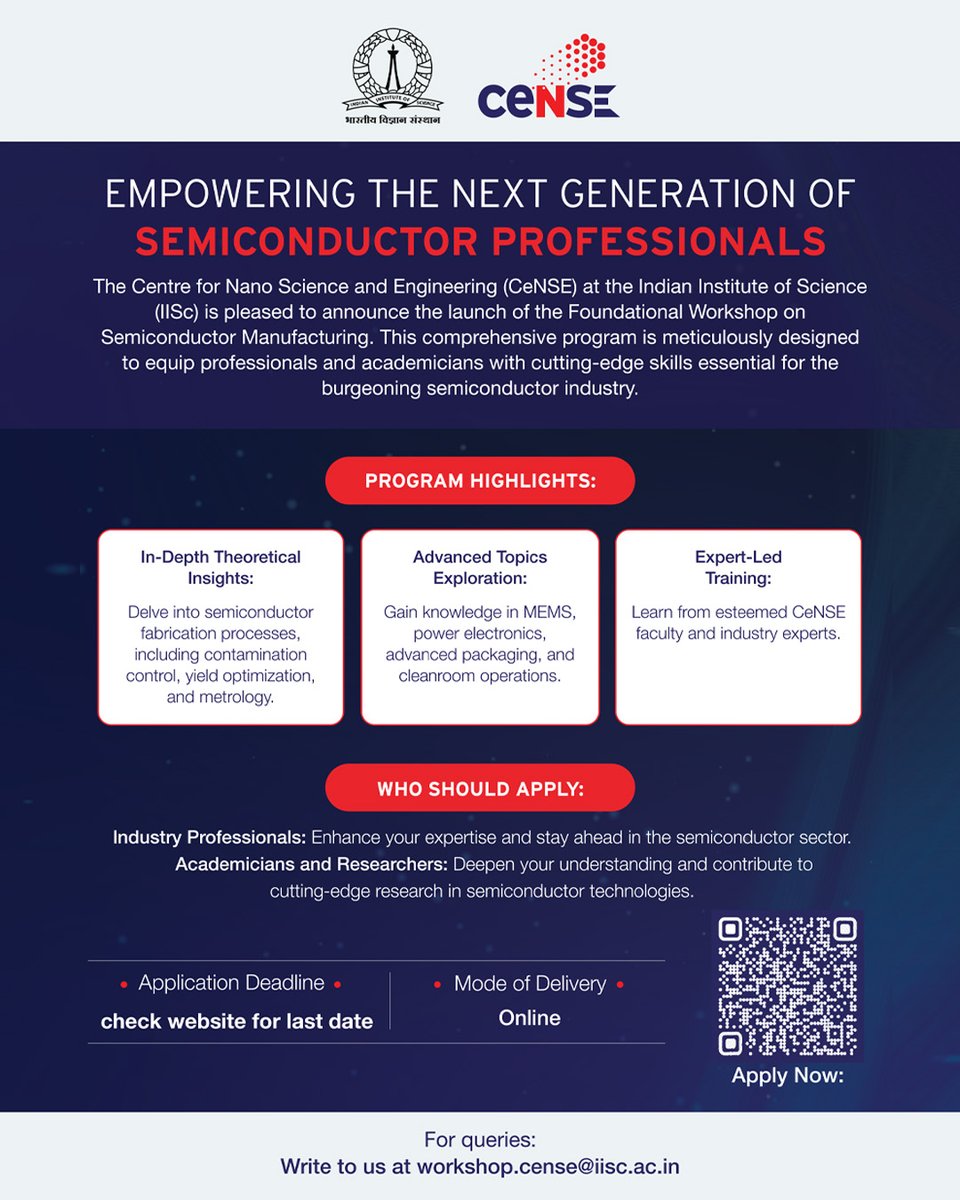 ITBT Karnataka (@itbtgok) on Twitter photo Join for the Foundational Workshop on Semiconductor Manufacturing Batch-2
The <a href="/CeNSEatIISc/">CeNSEatIISc</a> invites you to participate in our comprehensive workshop designed to empower the next generation of semiconductor professionals.1/3
<a href="/PriyankKharge/">Priyank Kharge / ಪ್ರಿಯಾಂಕ್ ಖರ್ಗೆ</a> <a href="/DrCaur/">Dr. Ekroop Caur</a> <a href="/iiscbangalore/">IISc Bangalore</a> Join for the Foundational Workshop on Semiconductor Manufacturing Batch-2
The <a href="/CeNSEatIISc/">CeNSEatIISc</a> invites you to participate in our comprehensive workshop designed to empower the next generation of semiconductor professionals.1/3
<a href="/PriyankKharge/">Priyank Kharge / ಪ್ರಿಯಾಂಕ್ ಖರ್ಗೆ</a> <a href="/DrCaur/">Dr. Ekroop Caur</a> <a href="/iiscbangalore/">IISc Bangalore</a>