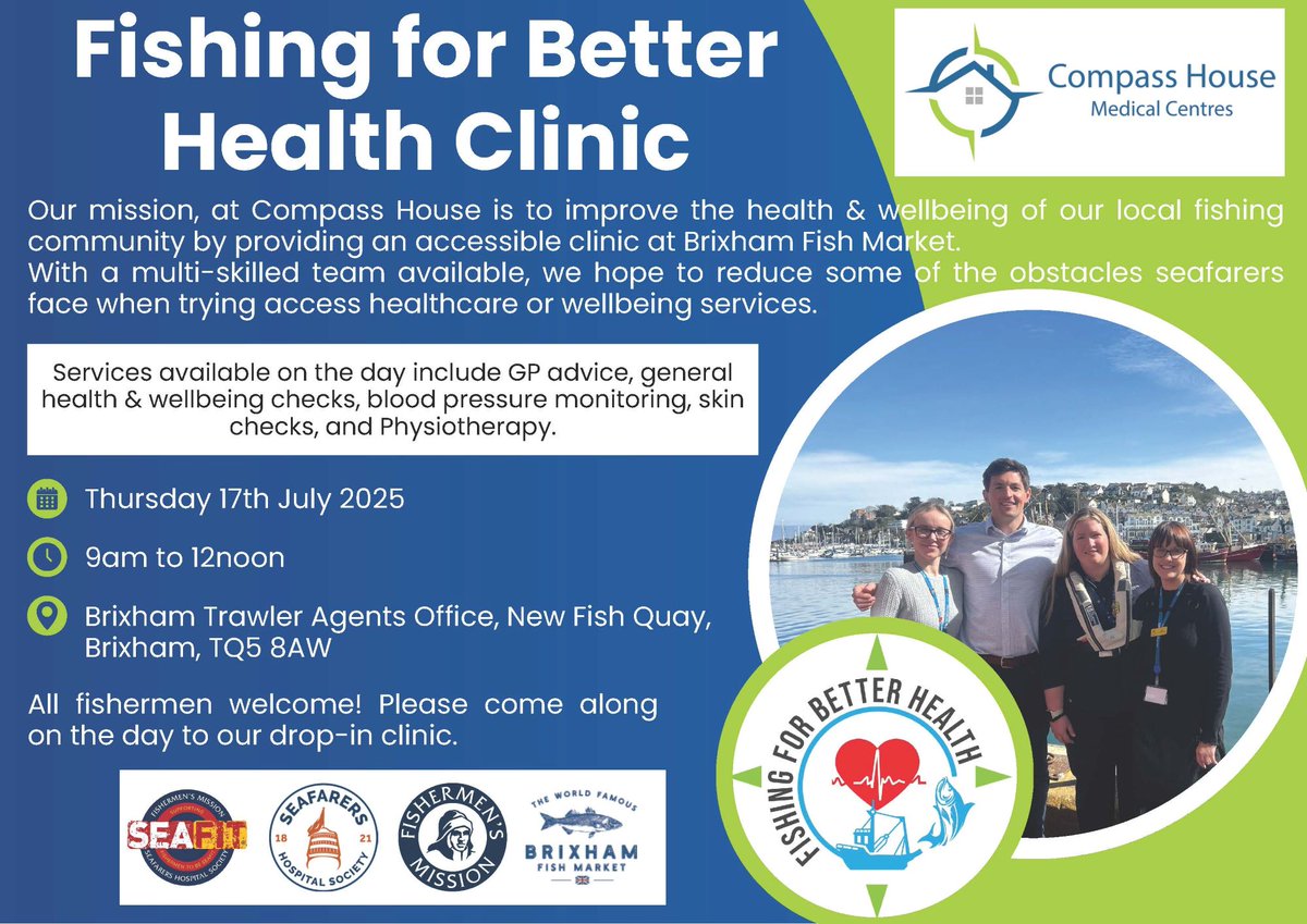 SeaFit® (@fishmishseafit) on Twitter photo At the quay? Pop in for a free health check. Blood pressure, BMI, diabetes, & more — no appointment needed. Just 15 mins to protect your health. Brixham 17th July <a href="/thefishmish/">Fishermen's Mission</a> <a href="/seahospital/">Seafarers Hospital Society</a> <a href="/CompassHouseGP/">CompassHouseMedical</a> At the quay? Pop in for a free health check. Blood pressure, BMI, diabetes, & more — no appointment needed. Just 15 mins to protect your health. Brixham 17th July <a href="/thefishmish/">Fishermen's Mission</a> <a href="/seahospital/">Seafarers Hospital Society</a> <a href="/CompassHouseGP/">CompassHouseMedical</a>