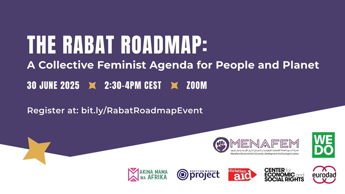 Join us Today, at this virtual side event @ #FFD4
We'll present the Rabat Roadmap, the outcome of a global feminist convening in Rabat, Guided by the expertise and analysis of feminists from theMENA, and the global South more broadly
📆 Register at: bit.ly/RabatRoadmapEv…