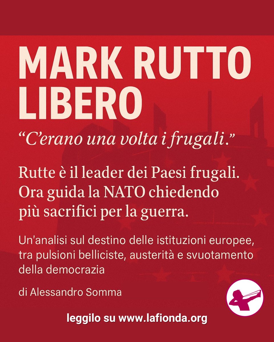 RivistaLaFionda's tweet image. MARK RUTTO LIBERO
Rutte è il leader dei Paesi frugali. Ora guida la NATO chiedendo più sacrifici per la guerra.
Un'analisi sul destino delle istituzioni europee, tra pulsioni belliciste, austerità e svuotamento della democrazia
di Alessandro Somma
Leggilo sul nostro sito 👇…