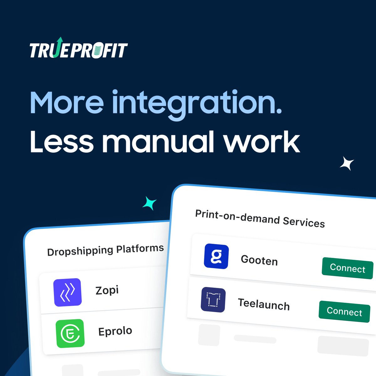 New integrations just dropped!

TrueProfit now connects with more fulfillment platforms:

⚡️ Dropshipping – Zopi, Eprolo
⚡️ POD – Teelaunch, Gooten

No more manual updates. Just auto-synced COGS + shipping.

To set it up, check out these quick guides:
👉Guide for dropshipping: