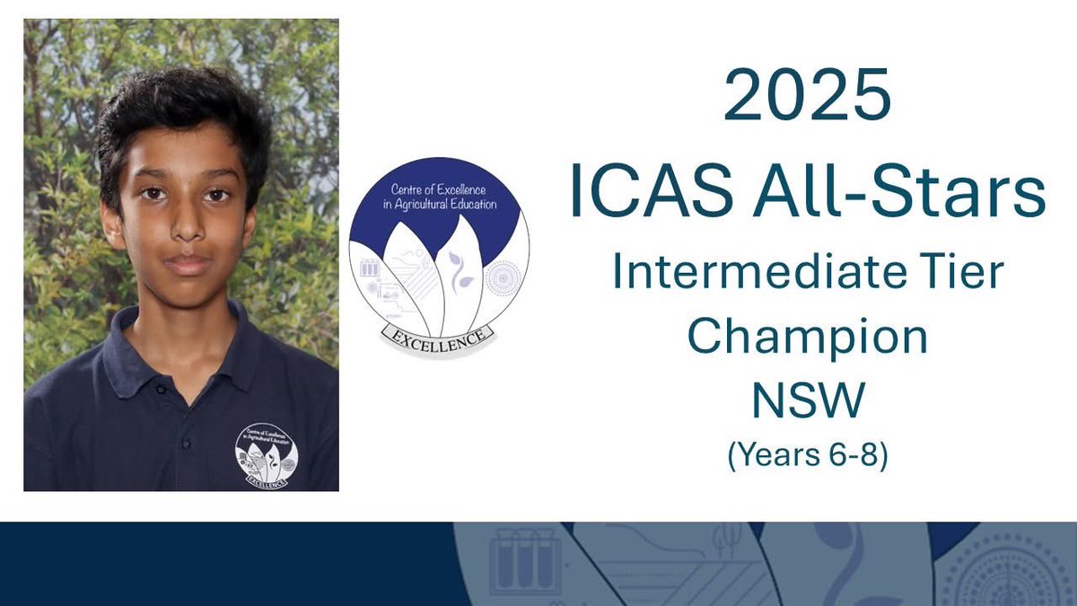 Congrats Anbuvel- named a 2025 ICAS All-Stars Champion! He achieved the top score in Year 8 across NSW in a challenging multi-domain academic competition.
In addition, he has been named the Intermediate Tier Champion for the state. <a href="/NSWEducation/">NSW Dept of Education</a> <a href="/mccallumtp/">Tim McCallum</a> <a href="/dizdarm/">Murat Dizdar</a>