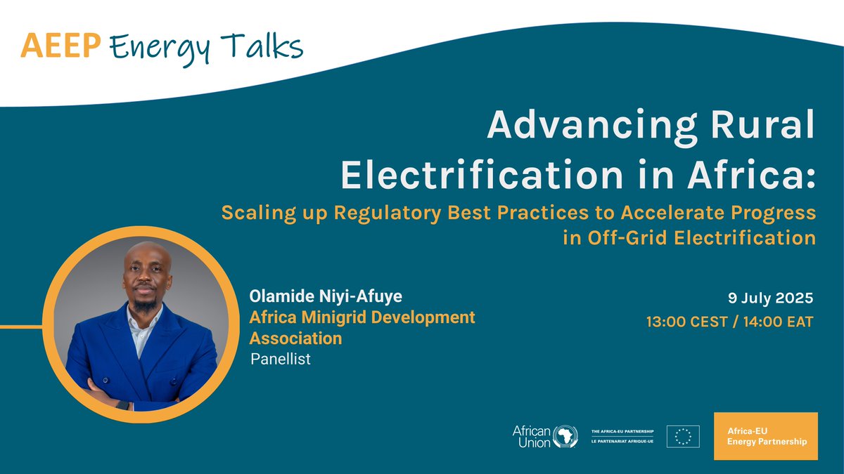 Africa-EU Energy Partnership (AEEP) (@africaeuenergy) on Twitter photo We are thrilled to welcome Mr Olamide Niyi-Afuye, Chief Executive Officer of the <a href="/AfricaMDA/">Africa Minigrid Developers Association</a>, to the upcoming #AEEPEnergyTalks webinar. He will provide insights on regulatory best practices for scaling up off-grid electrification.
💻 Register here: africa-eu-energy-partnership.org/aeep-energy-ta… We are thrilled to welcome Mr Olamide Niyi-Afuye, Chief Executive Officer of the <a href="/AfricaMDA/">Africa Minigrid Developers Association</a>, to the upcoming #AEEPEnergyTalks webinar. He will provide insights on regulatory best practices for scaling up off-grid electrification.
💻 Register here: africa-eu-energy-partnership.org/aeep-energy-ta…