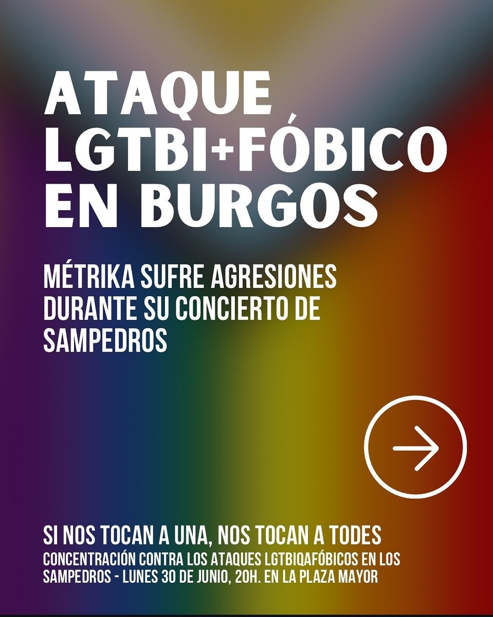 Hoy, a las 20:00 en la Plaza Mayor de #Burgos

Concentración contra la agresión sufrida por <a href="/metrikazf/">madre fundadora</a> y su equipo.

BASTA YA DE LGTBIQ+FOBIA.

NO A LOS DISCURSOS DE ODIO.