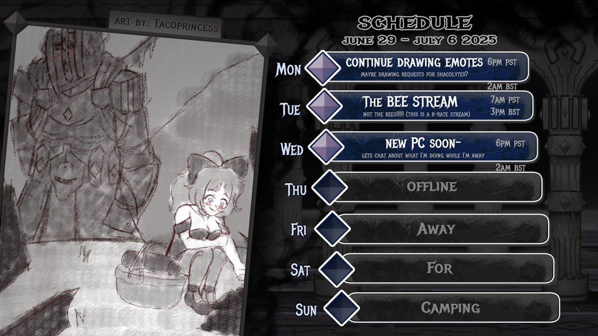 DarkLord_VT's tweet image. Schedule for this coming week.
then I'm going camping