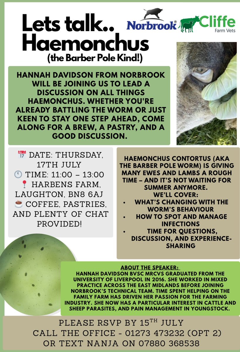 📢 Date for diary- Haemonchus Talk   🪱 Thursday July 17th📢  11am <a href="/Cliffefarmvets/">Cliffe Farm Vets</a>, Harbens Farm. Please give us a ring if you would like to come along ☎️.