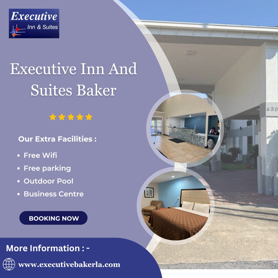 executivebake's tweet image. Enjoy small-town Louisiana charm with cozy accommodations and southern hospitality.
 👉 Book today for great rates and comfort! executivebakerla.com 
 #ExecutiveInnBaker #LouisianaLodging #SouthernStays #TravelSmart #DirectBooking