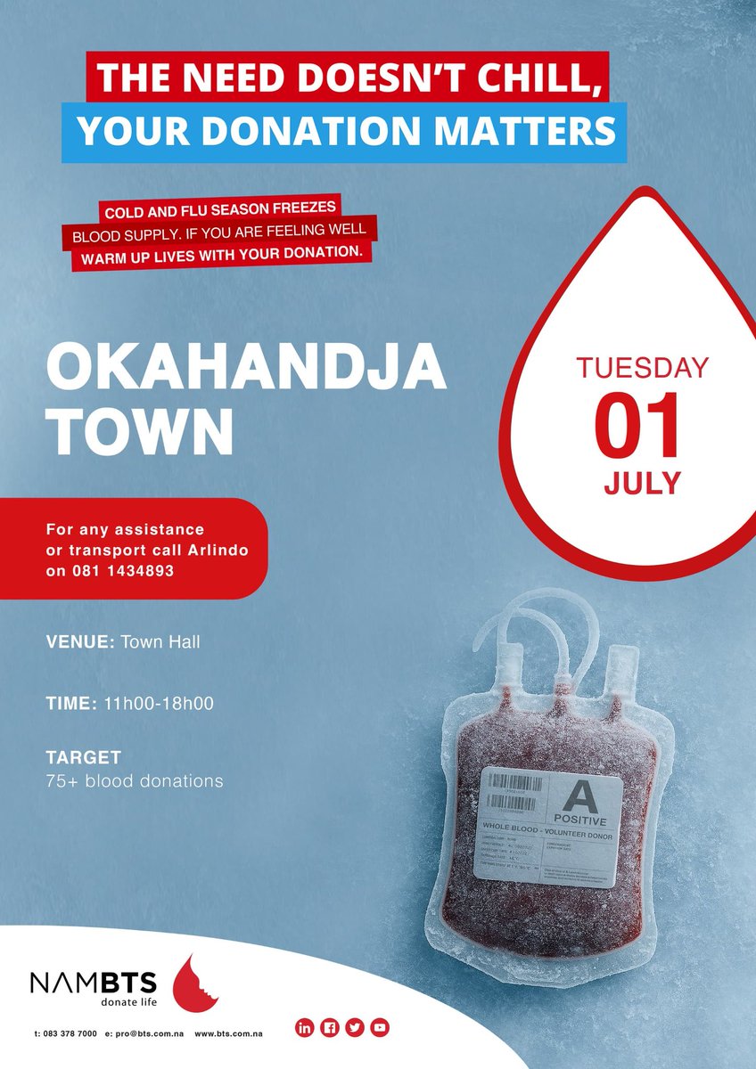 We're hosting a blood donation clinic in Okahandja on Tuesday, 01 July 2025, from 11h00am to 18h00pm.

Warm up lives with your donation.