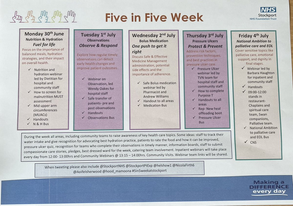 Mamoona Hood (@hood_mamoona) on Twitter photo 5 in 5 week <a href="/StockportNHS/">Stockport NHS FT</a>
Day 1: Nutrition & Hydration: Essential for Healing
In hospitals, proper nutrition and hydration are more than just meals and fluids, they’re vital parts of treatment.
✅ Support recovery
✅ Boost immunity
✅ Prevent complications
✅ Promote strength 5 in 5 week <a href="/StockportNHS/">Stockport NHS FT</a>
Day 1: Nutrition & Hydration: Essential for Healing
In hospitals, proper nutrition and hydration are more than just meals and fluids, they’re vital parts of treatment.
✅ Support recovery
✅ Boost immunity
✅ Prevent complications
✅ Promote strength