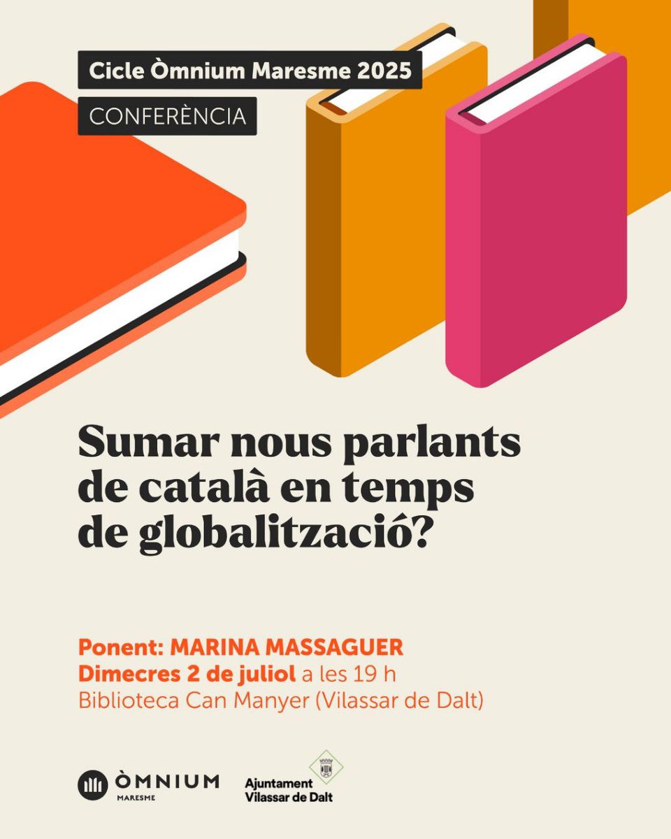 omniummaresme's tweet image. Aquest dimecres vine a @vilassardedalt a escoltar la filòloga @MarinaMassaguer parlant sobre el paper de les llengües en les relacions de poder i la construcció de desigualtats i sobre la diglòssia digital. 
📅Dimecres 2 de juliol a les 19 h
📌Biblioteca Can Manyer