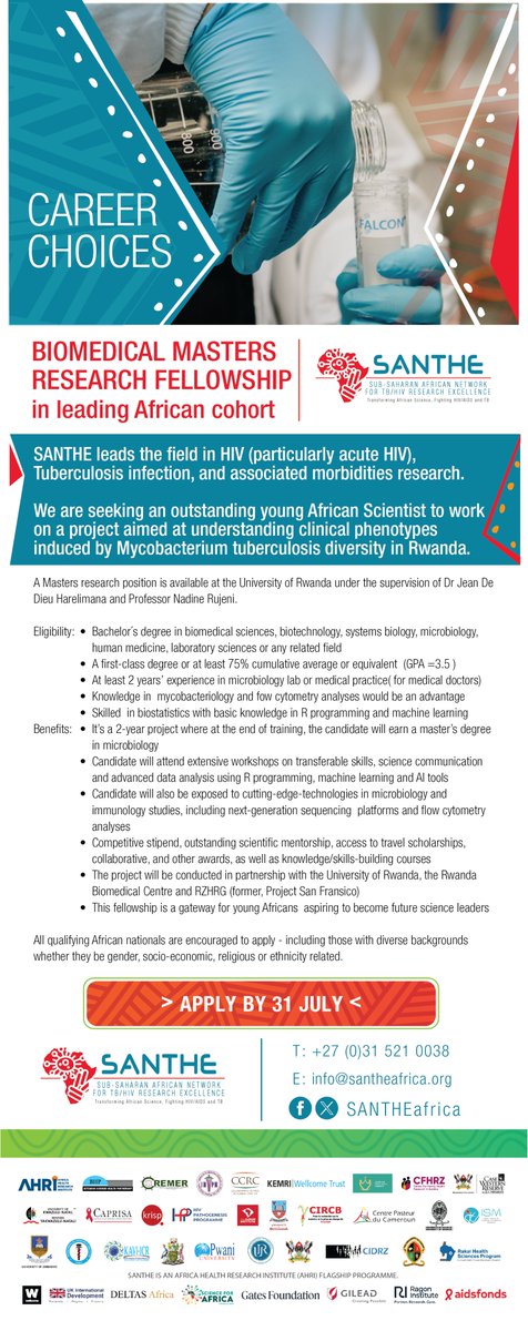 SANTHE (@santheafrica) on Twitter photo Apply for this rare opportunity to be a #SANTHE Fellow. DEADLINE 31 JULY. Appy here: cognitoforms.com/AHRI1/FellowRe…
<a href="/AHRI_News/">Africa Health Research Institute</a> <a href="/UKZNCHS/">UKZN's CHS</a> <a href="/BotswanaHarvard/">Bots-Harvard Ptnrshp</a> <a href="/KEMRI_Wellcome/">KEMRI-Wellcome Trust</a> <a href="/EmoryRZHRG/">RZHRG</a> <a href="/CWRUSOM/">CWRU School of Medicine</a> <a href="/cidrzinfo/">CIDRZ NGO</a> <a href="/SciforAfrica/">Science for Africa Foundation</a> <a href="/GileadSciences/">Gilead Sciences</a> <a href="/Aidsfonds/">Aidsfonds</a>
<a href="/wellcometrust/">Wellcome</a> #EmpoweringAfricanScience Apply for this rare opportunity to be a #SANTHE Fellow. DEADLINE 31 JULY. Appy here: cognitoforms.com/AHRI1/FellowRe…
<a href="/AHRI_News/">Africa Health Research Institute</a> <a href="/UKZNCHS/">UKZN's CHS</a> <a href="/BotswanaHarvard/">Bots-Harvard Ptnrshp</a> <a href="/KEMRI_Wellcome/">KEMRI-Wellcome Trust</a> <a href="/EmoryRZHRG/">RZHRG</a> <a href="/CWRUSOM/">CWRU School of Medicine</a> <a href="/cidrzinfo/">CIDRZ NGO</a> <a href="/SciforAfrica/">Science for Africa Foundation</a> <a href="/GileadSciences/">Gilead Sciences</a> <a href="/Aidsfonds/">Aidsfonds</a>
<a href="/wellcometrust/">Wellcome</a> #EmpoweringAfricanScience