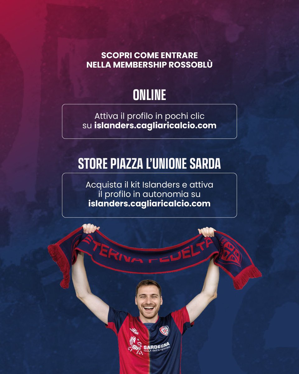 🪢 𝑰𝒔𝒍𝒂𝒏𝒅𝒆𝒓𝒔 𝟐𝟎𝟐𝟓/𝟐𝟔 🪢

Sconti, prelazioni, eventi dedicati: tutto in una sola membership, con un kit di benvenuto esclusivo!

Disponibile da ora online su store.cagliaricalcio.com e nello store di Piazza L’Unione Sarda 🔗🛍️