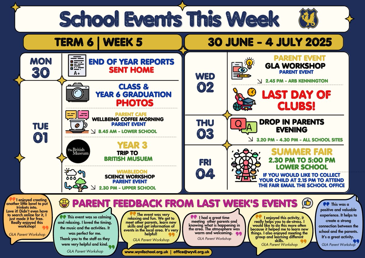 🎉 It’s a big week at Wyvil! 🤩
We’ve got a fantastic line-up of events, including Class &amp; Graduation photos 📸, exciting end-of-year activities and of course… our Summer Fair this Friday 4th July at 2:30pm! 🎪☀️
Come along and celebrate with us! #WPS #WyvilSummerFair