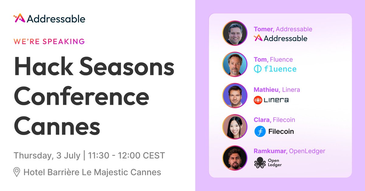 Addressable 🎯 (@addressableid) on Twitter photo gm! Forget the surface-level AI hype this week. The real conversation is about the full stack required to power the next generation of on-chain agents.
Our co-founder <a href="/TomerSharoni/">Tomer Sharoni</a> is moderating a crucial panel at HackSeasons by <a href="/mpost_io/">Mpost Media Group</a> during <a href="/EthCC/">EthCC - Ethereum Community Conference</a> that brings some of the gm! Forget the surface-level AI hype this week. The real conversation is about the full stack required to power the next generation of on-chain agents.
Our co-founder <a href="/TomerSharoni/">Tomer Sharoni</a> is moderating a crucial panel at HackSeasons by <a href="/mpost_io/">Mpost Media Group</a> during <a href="/EthCC/">EthCC - Ethereum Community Conference</a> that brings some of the