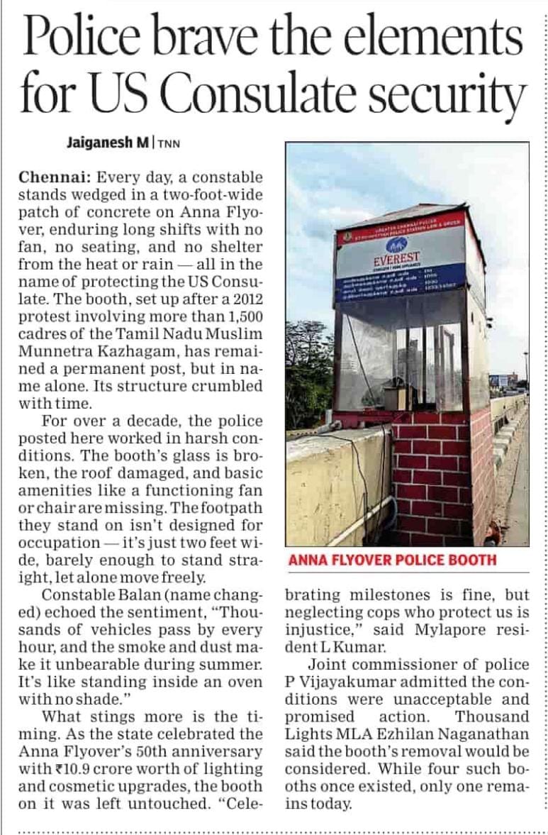 jai_lm's tweet image. Over a decade of neglect for @chennaipolice_
 at Anna Flyover&apos;s crumbling booth. Govt lights up Anna &amp;amp; Kalaignar statues but ignores cops battling heat &amp;amp; dust. Time to modernize police facilities! #ChennaiPolice #AnnaFlyover 

@omjasvinMD