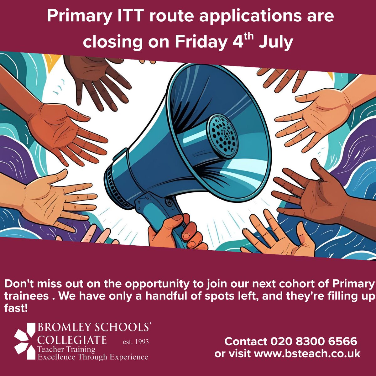 Teacher Training (@bromley_sc) on Twitter photo We are going to be closing our #Primary ITT route for further applications on Friday 4th July. If you know anyone that is considering an application to us, they can via this link: ā¦acher-training-courses.service.gov.uk/course/B91/X105
<a href="/ImpactAca1/">Impact Multi Academy Trust</a> <a href="/InicioTrust/">Inicio Educational Trust</a> <a href="/ThamesSouthTSH/">ThamesSouthTSH</a> <a href="/aquinastrust/">AQUINAS</a> #Bromley #QTS #ITT We are going to be closing our #Primary ITT route for further applications on Friday 4th July. If you know anyone that is considering an application to us, they can via this link: ā¦acher-training-courses.service.gov.uk/course/B91/X105
<a href="/ImpactAca1/">Impact Multi Academy Trust</a> <a href="/InicioTrust/">Inicio Educational Trust</a> <a href="/ThamesSouthTSH/">ThamesSouthTSH</a> <a href="/aquinastrust/">AQUINAS</a> #Bromley #QTS #ITT