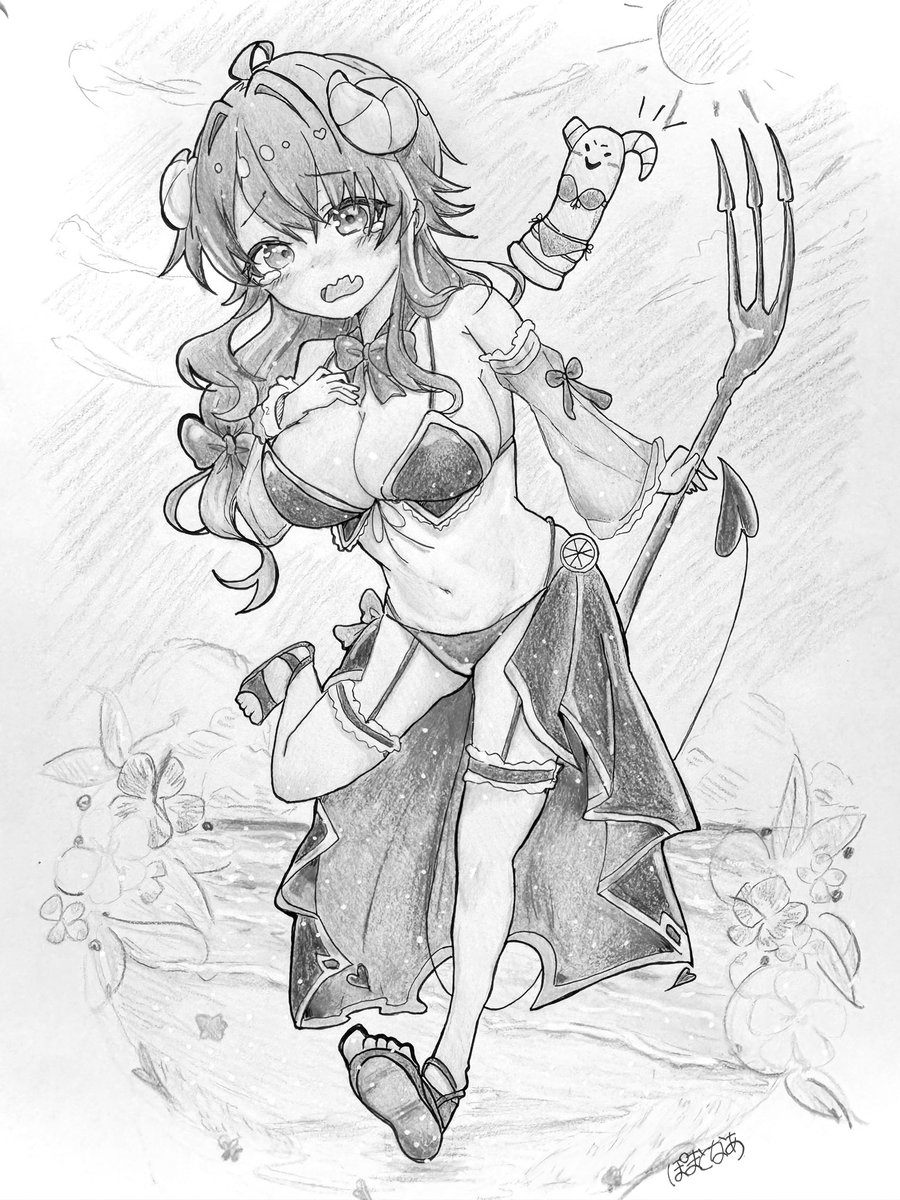pomarumayu's tweet image. #今月描いた絵を晒そう
夏シャミ〜😈🥐
モノクロでも良い感じなので隣に