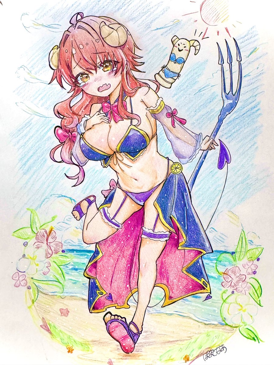 pomarumayu's tweet image. #今月描いた絵を晒そう
夏シャミ〜😈🥐
モノクロでも良い感じなので隣に