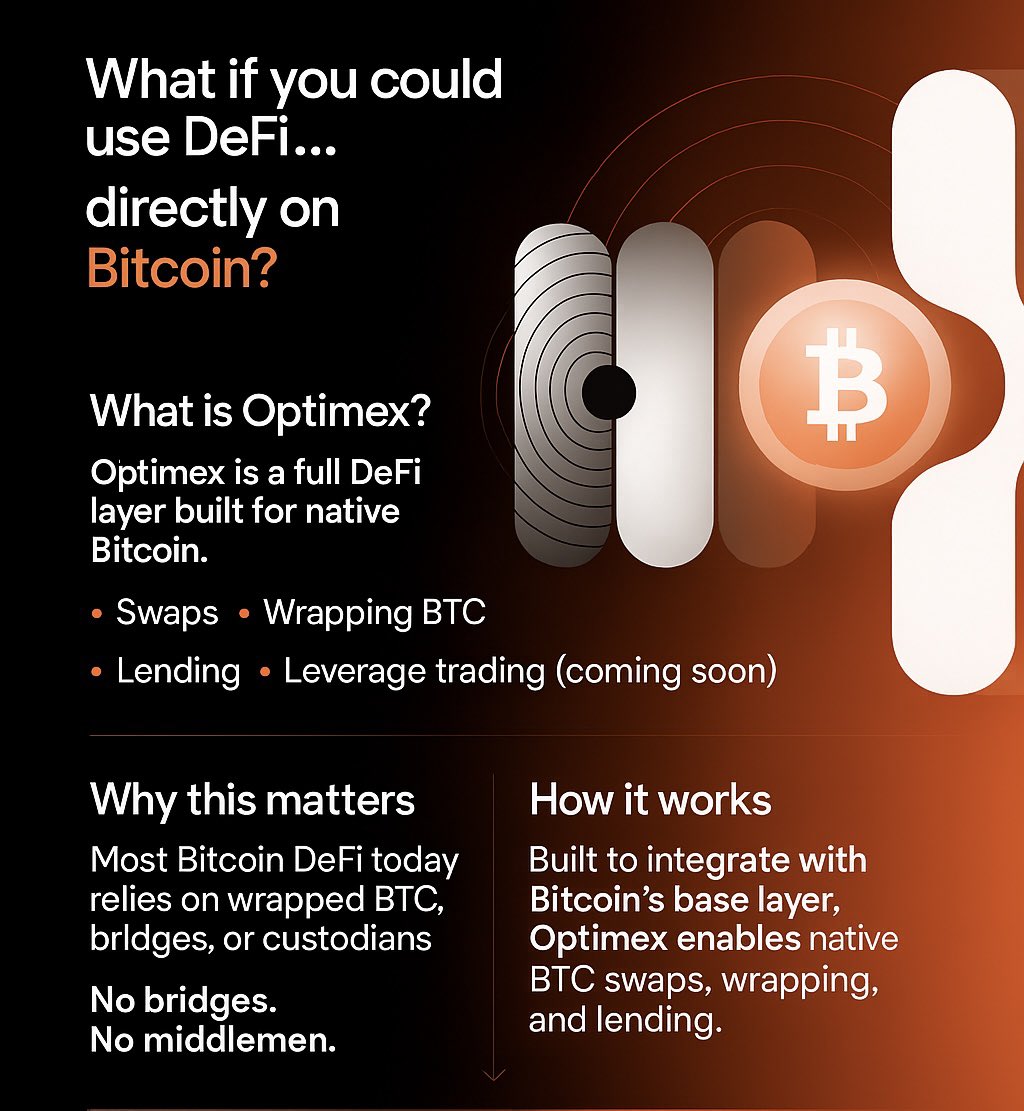 What if you could use DeFi…directly on Bitcoin?

Most DeFi happens on Ethereum, Solana, and L2s.

But what if you could do swaps, lending, and margin trading natively on Bitcoin?

Meet Optimex, DeFi built directly on Bitcoin.

No bridges. 
No custodians. 
Just you &amp; the protocol