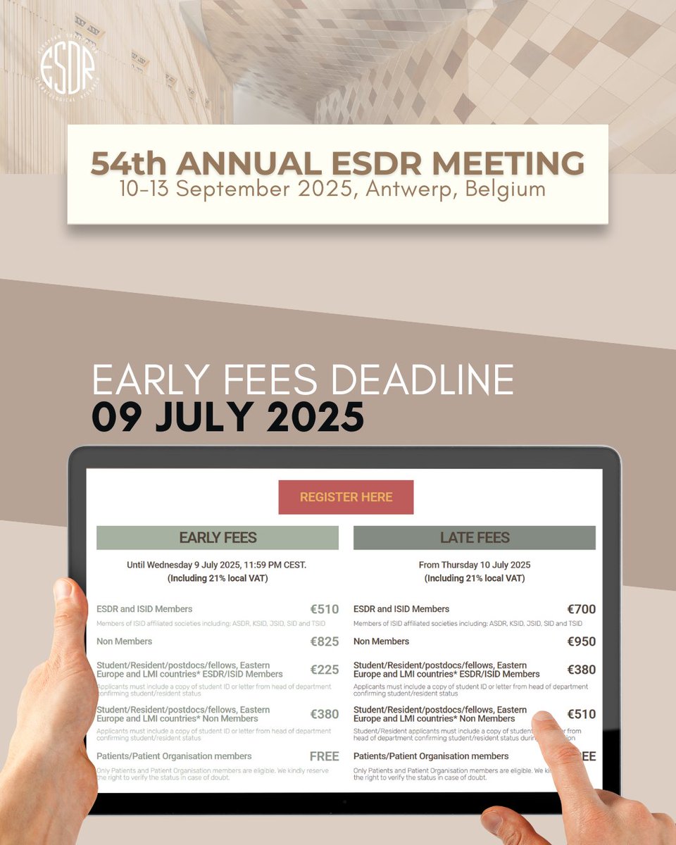 Don't miss out: early registration for the 54th ESDR Annual Meeting closes 9 July!

Join leading minds in dermatological research at #ESDR2025. Connect, collaborate, and discover the latest in skin science.

Secure your spot at the best rate: esdrmeeting.org/registration/