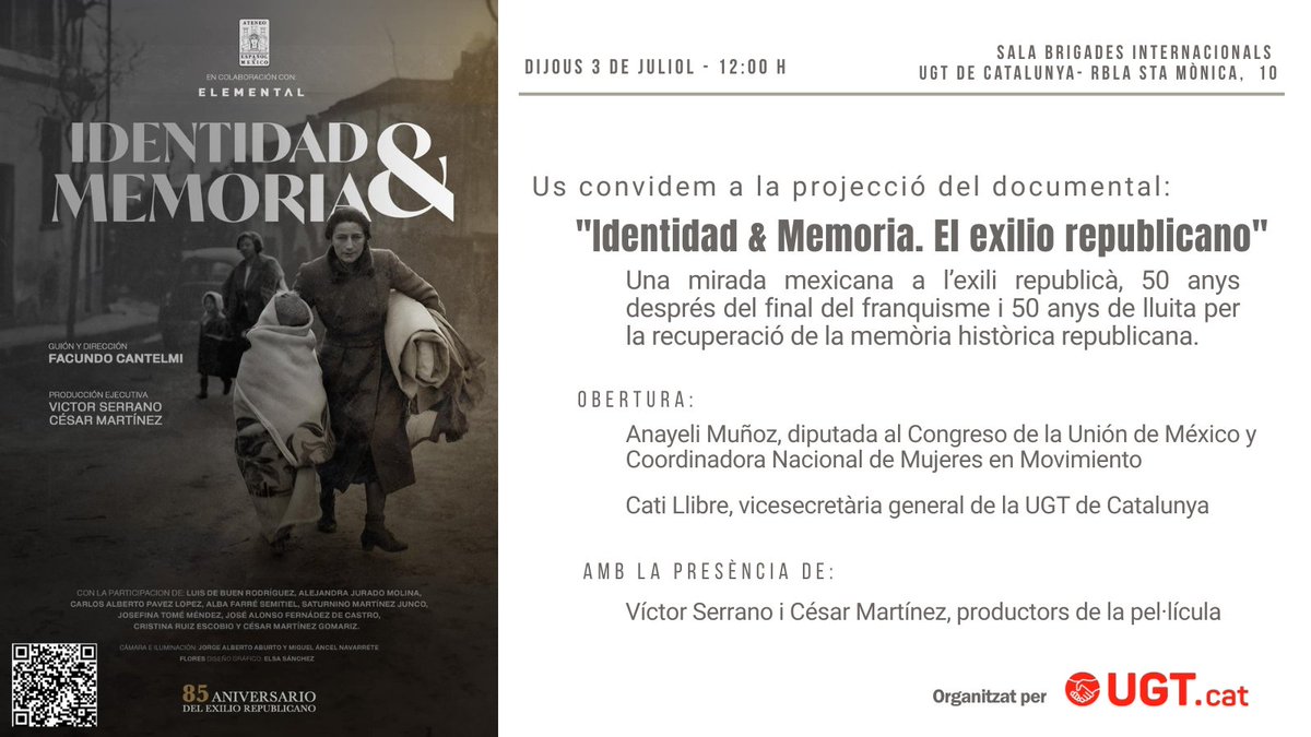 Internacional UGT de Catalunya (@ugtcat_int) on Twitter photo 🎥 Vine a la projecció del documental «Identidad & Memoria. El exilio republicano»
📅 Dijous 3/7 · 12 h
📍 <a href="/ugtcatalunya/">UGT de Catalunya</a> - Rambla Santa Mònica, 10
🎙️ Cinefòrum amb els productors
🎟️ Entrada lliure amb inscripció: form.jotform.com/251563096257361
#MemòriaHistòrica 🎥 Vine a la projecció del documental «Identidad & Memoria. El exilio republicano»
📅 Dijous 3/7 · 12 h
📍 <a href="/ugtcatalunya/">UGT de Catalunya</a> - Rambla Santa Mònica, 10
🎙️ Cinefòrum amb els productors
🎟️ Entrada lliure amb inscripció: form.jotform.com/251563096257361
#MemòriaHistòrica