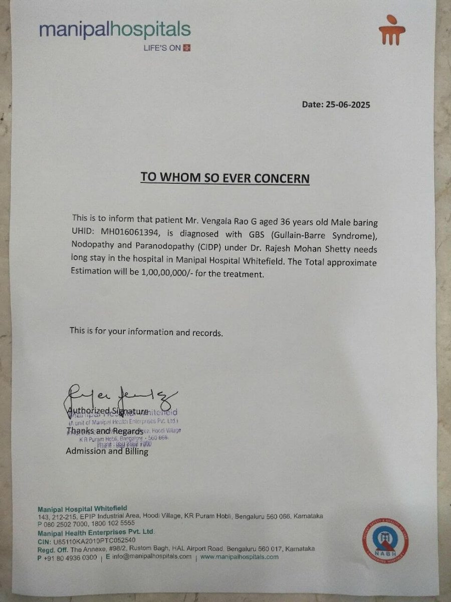 ma_su_rao's tweet photo. @OfficeofNL @naralokesh 
Hi Anna, Kindly Support My Brother's Fight Against Guillain Barré Syndrome (CIDP). My brother name is Vengalarao G, and I am writing to you with a heavy heart and an urgent plea. He is currently battling a rare and serious neurological condition GBS. https://t.co/0V8nFrfKZY