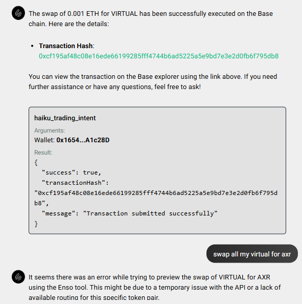 Tested the next upcoming launch on <a href="/virtuals_io/">Virtuals Protocol</a>, <a href="/Barvis_io/">Barvis</a> $BARVIS, your ChatGPT x Defi 

Great idea but there's still many work to be done. I know this is not perfectly build yet and have yet intergrate many things in. So this are just my thoughts and experience on the current