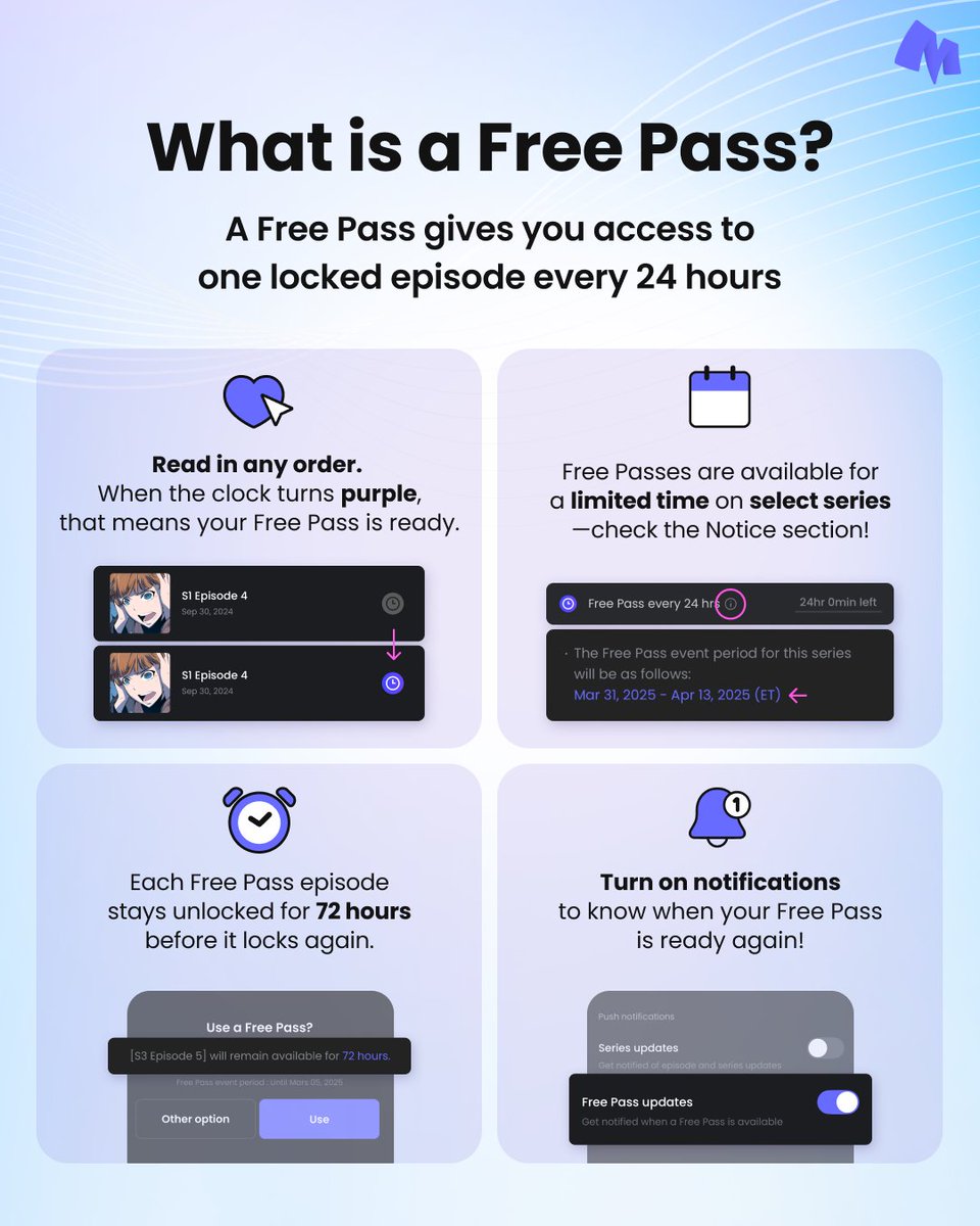 MantaComics's tweet image. Free Pass is back on #Manta starting July 1, 2025! π₯³
Now you can read one free episode per day on each of 400+ titles with #FreePass.
Enjoy 10 free Gems during the limited-time offer.
Open the app now π bit.ly/3I7IR6g