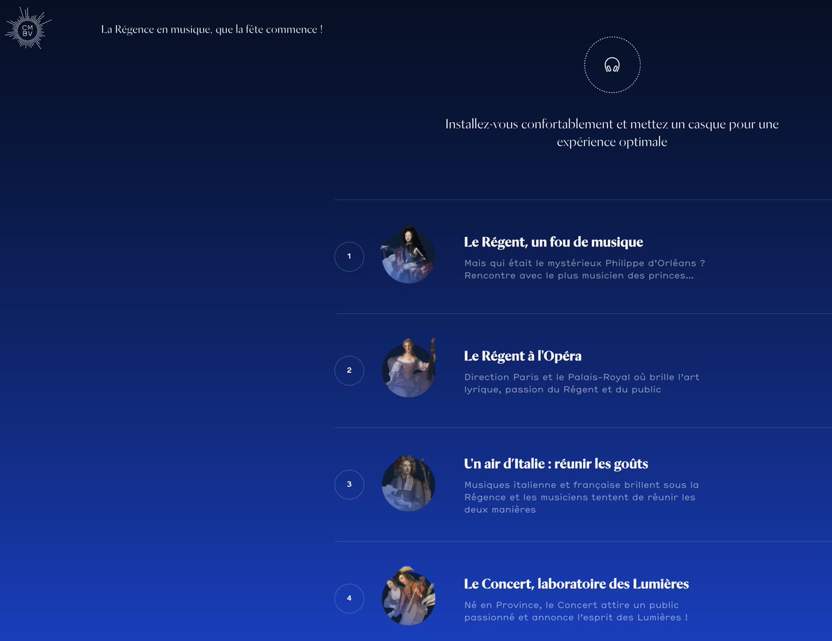 🎧"Expodcast" : expositions virtuelles (sonores, virtuelles et parcours junior) <a href="/cmb_v/">CMBV</a> pour plonger dans la musique baroque française  :
🎼 Les musiciens de la Chapelle royale
🎭 La musique au temps de Molière
🎹 La Régence en musique

🔗 expodcast.cmbv.fr/fr

#edmus #HDA