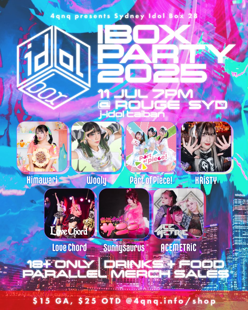 4QNQ (@4qnq_info) on Twitter photo IDOL BOX PARTY 2025 11 JUL 2025 7PM @ ROUGE SYDNEY, DARLING HARBOUR 
UPDATED LINEUP!! 
4qnq.info/shop
LINEUP
<a href="/wooly_chan/">Wooly ウーリ🐸💚Solo Idol in Sydney</a> 
<a href="/himawaridaa/">🌻 中野向日葵 🌻</a>
<a href="/patopi_info/">patopi_info</a>
<a href="/kwistyy_/">KRiSTY .⋆♱</a> 
<a href="/sunnyysaurus/">sunny サニー 💖⚡️☀️</a> 
<a href="/acemetric_nz/">ACEMETRiC</a>
<a href="/Lovechord_info/">Love Chord</a> IDOL BOX PARTY 2025 11 JUL 2025 7PM @ ROUGE SYDNEY, DARLING HARBOUR 
UPDATED LINEUP!! 
4qnq.info/shop
LINEUP
<a href="/wooly_chan/">Wooly ウーリ🐸💚Solo Idol in Sydney</a> 
<a href="/himawaridaa/">🌻 中野向日葵 🌻</a>
<a href="/patopi_info/">patopi_info</a>
<a href="/kwistyy_/">KRiSTY .⋆♱</a> 
<a href="/sunnyysaurus/">sunny サニー 💖⚡️☀️</a> 
<a href="/acemetric_nz/">ACEMETRiC</a>
<a href="/Lovechord_info/">Love Chord</a>