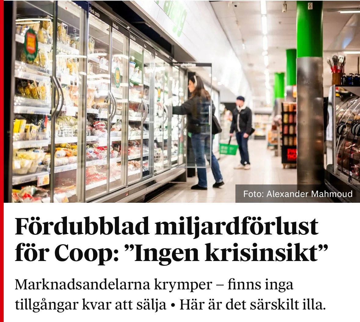 Ett pedagogiskt exempel som kan hjälpa både <a href="/dadgostarnooshi/">Nooshi Dadgostar</a> och <a href="/ElisabethSvan/">Elisabeth Svantesson</a>. 

Om höga priser hängde ihop med rekordvinster hade Coop varit matmarknadens mest framgångsrika företag. Istället är det 2,7 miljarder förlust.