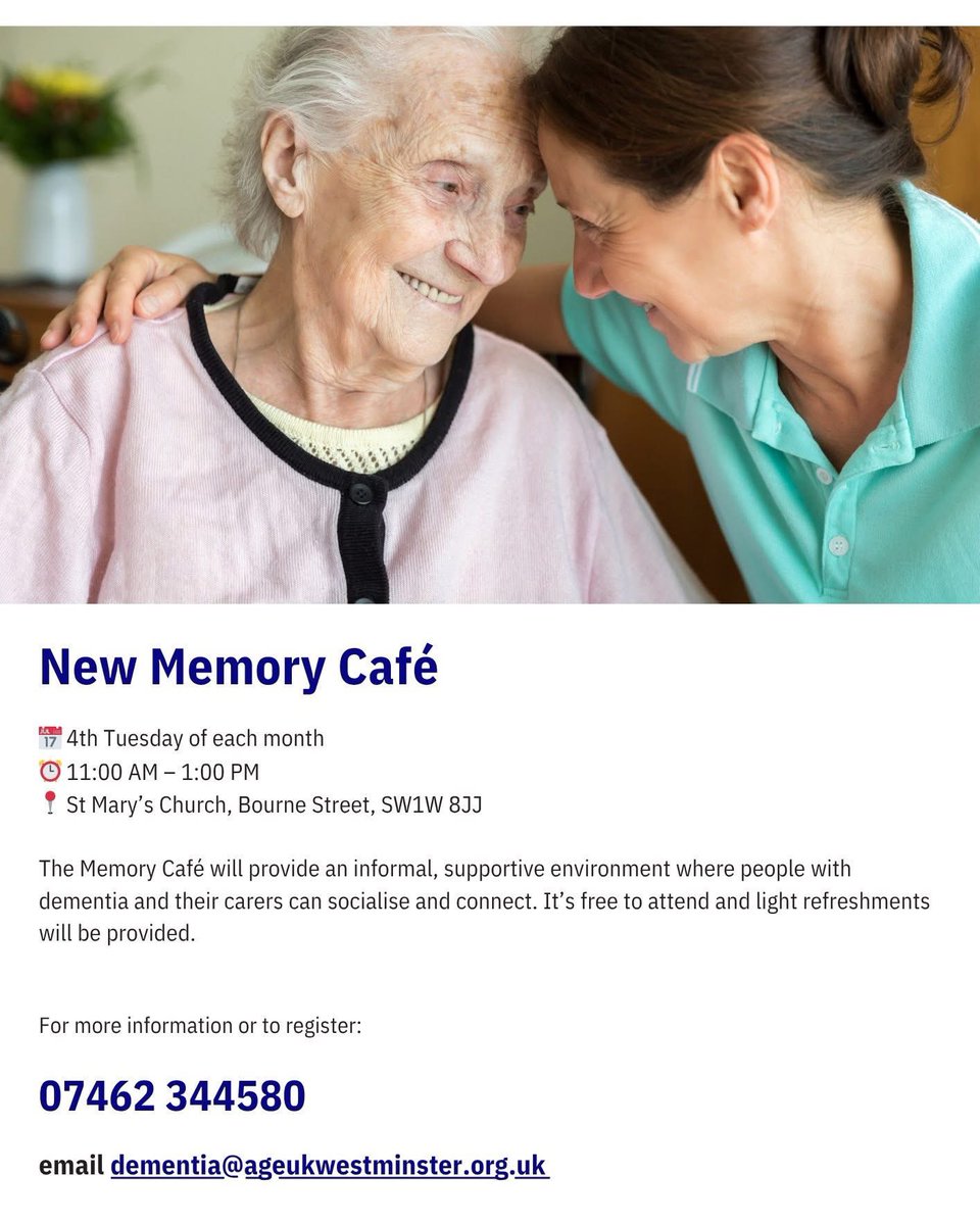 Join us for the Memory Café – a welcoming space for people living with dementia and their carers.

📅 Every 4th Tuesday of the month
⏰ 11:00 AM – 1:00 PM
📍 St Mary’s Church, Bourne Street, SW1W 8JJ

Wheelchair accessible &amp; free to attend.