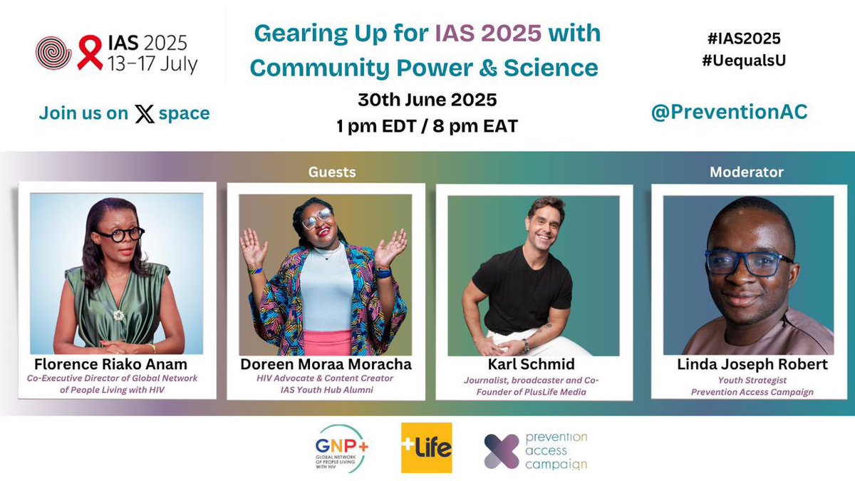 Joseph Robert Linda (@lindajosephrob4) on Twitter photo We’re gearing up for #IAS2025 by <a href="/iasociety/">IAS - the International AIDS Society</a>
Join <a href="/PreventionAC/">Prevention Access</a> today for an X Space on what communities expect & key moments to watch out
With Speakers
<a href="/floriako/">Florence Riako Anam</a>
<a href="/D_Moraa/">Doreen🌎✈️</a>
Karl Schmid
Date: 30 June 2025
Time: 1PM EDT / 8PM EAT
Set Reminder: x.com/i/spaces/1nAKE… We’re gearing up for #IAS2025 by <a href="/iasociety/">IAS - the International AIDS Society</a>
Join <a href="/PreventionAC/">Prevention Access</a> today for an X Space on what communities expect & key moments to watch out
With Speakers
<a href="/floriako/">Florence Riako Anam</a>
<a href="/D_Moraa/">Doreen🌎✈️</a>
Karl Schmid
Date: 30 June 2025
Time: 1PM EDT / 8PM EAT
Set Reminder: x.com/i/spaces/1nAKE…