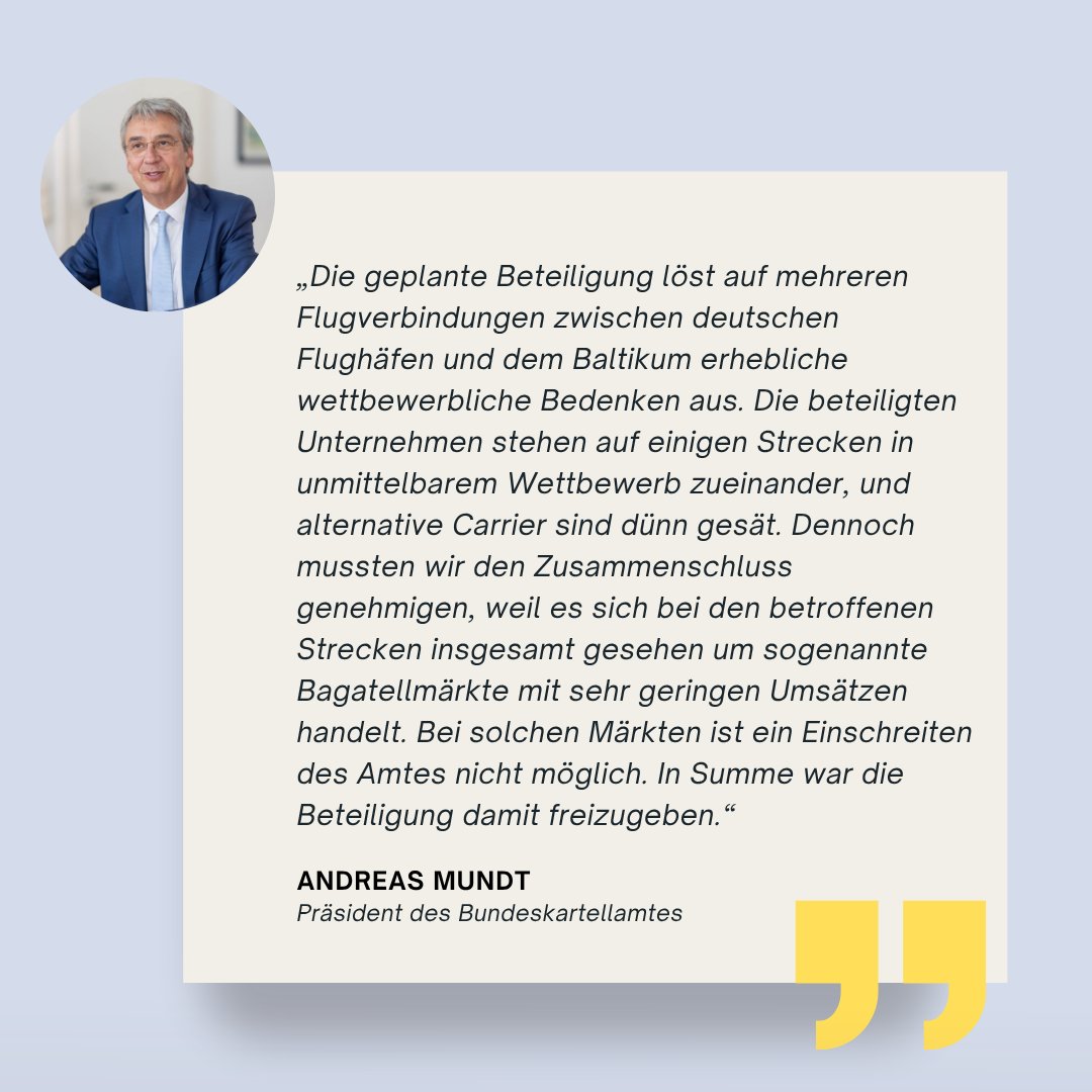 ✅ #Fusionskontrolle: Das Bundeskartellamt hat den beabsichtigten Erwerb einer Minderheitsbeteiligung der Deutschen Lufthansa AG (Lufthansa) an der airBaltic Corporation AS (airBaltic) heute fusionskontrollrechtlich freigegeben. 

🔎 Gegenstand des Fusionskontrollverfahrens war