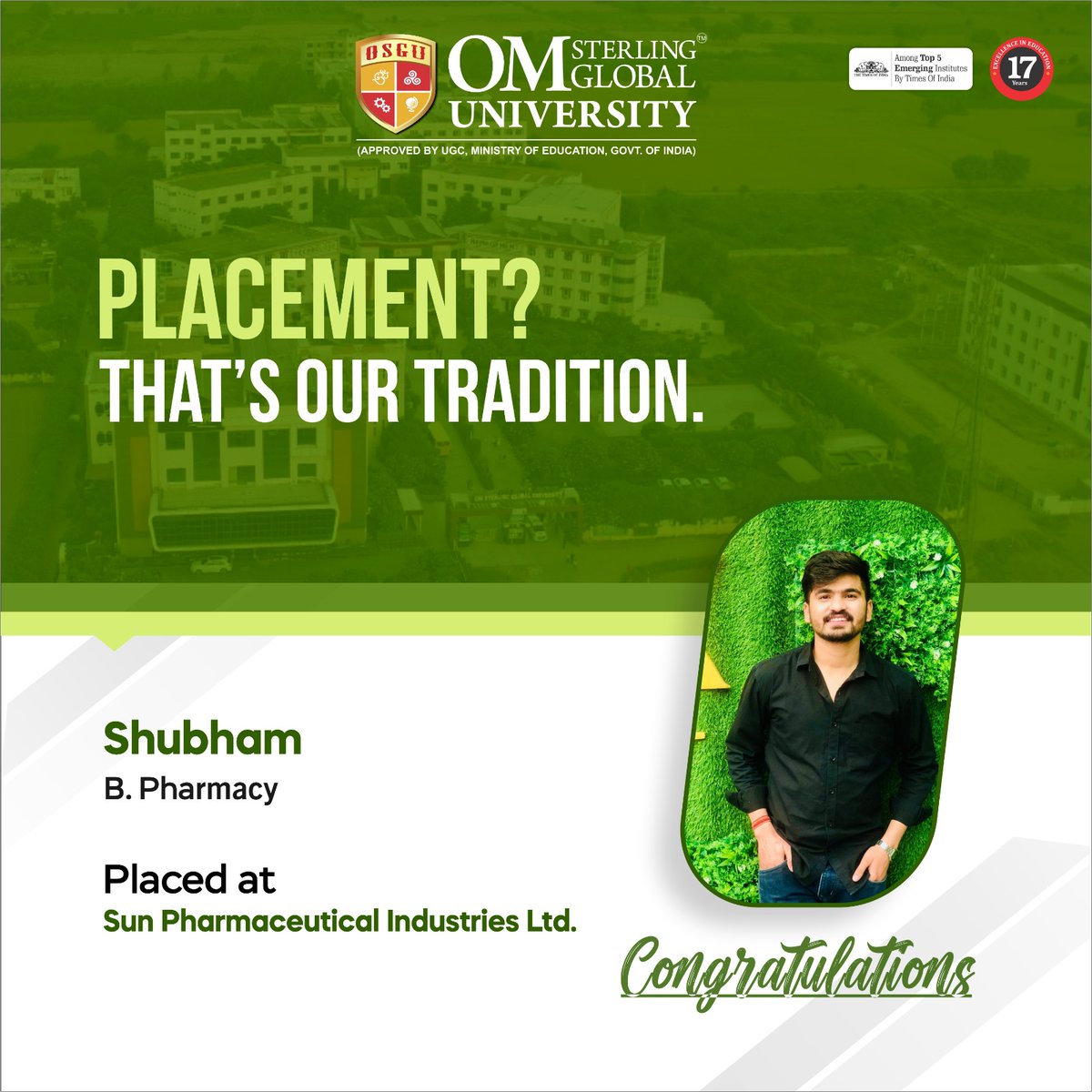 OSGUHisar's tweet photo. Congratulations to Shubham on getting placed at Sun Pharmaceutical Industries Ltd.!
A proud moment for Om Sterling Global University, Hisar.
Wishing him continued success and excellence in his professional journey!
Keep shining and making us proud!
#OSGU #Hisar #PlacementAlert https://t.co/4kEWuEYUH5